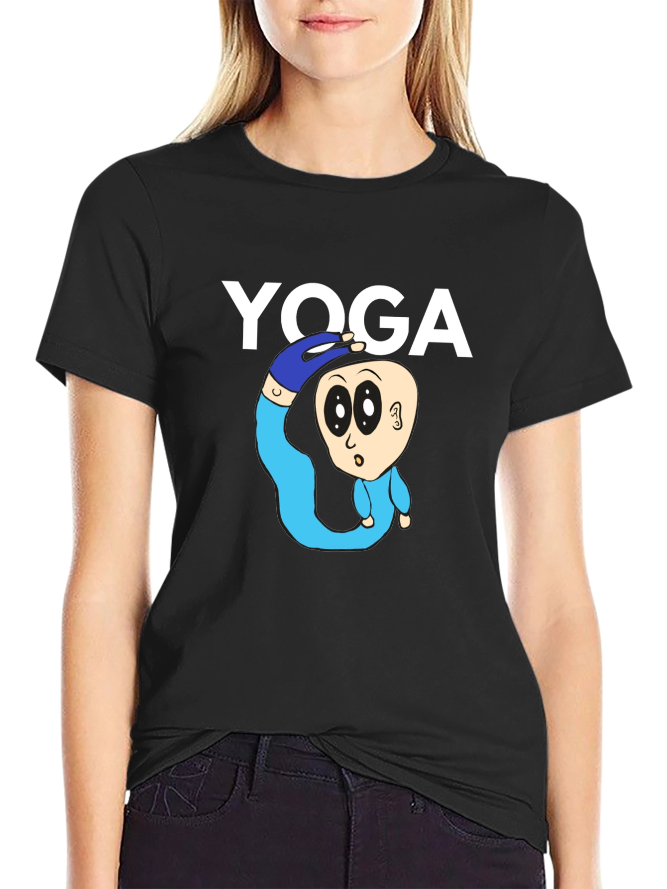 Black Yoga Cartoon Graphic Tee - Black Cotton Blend view 2