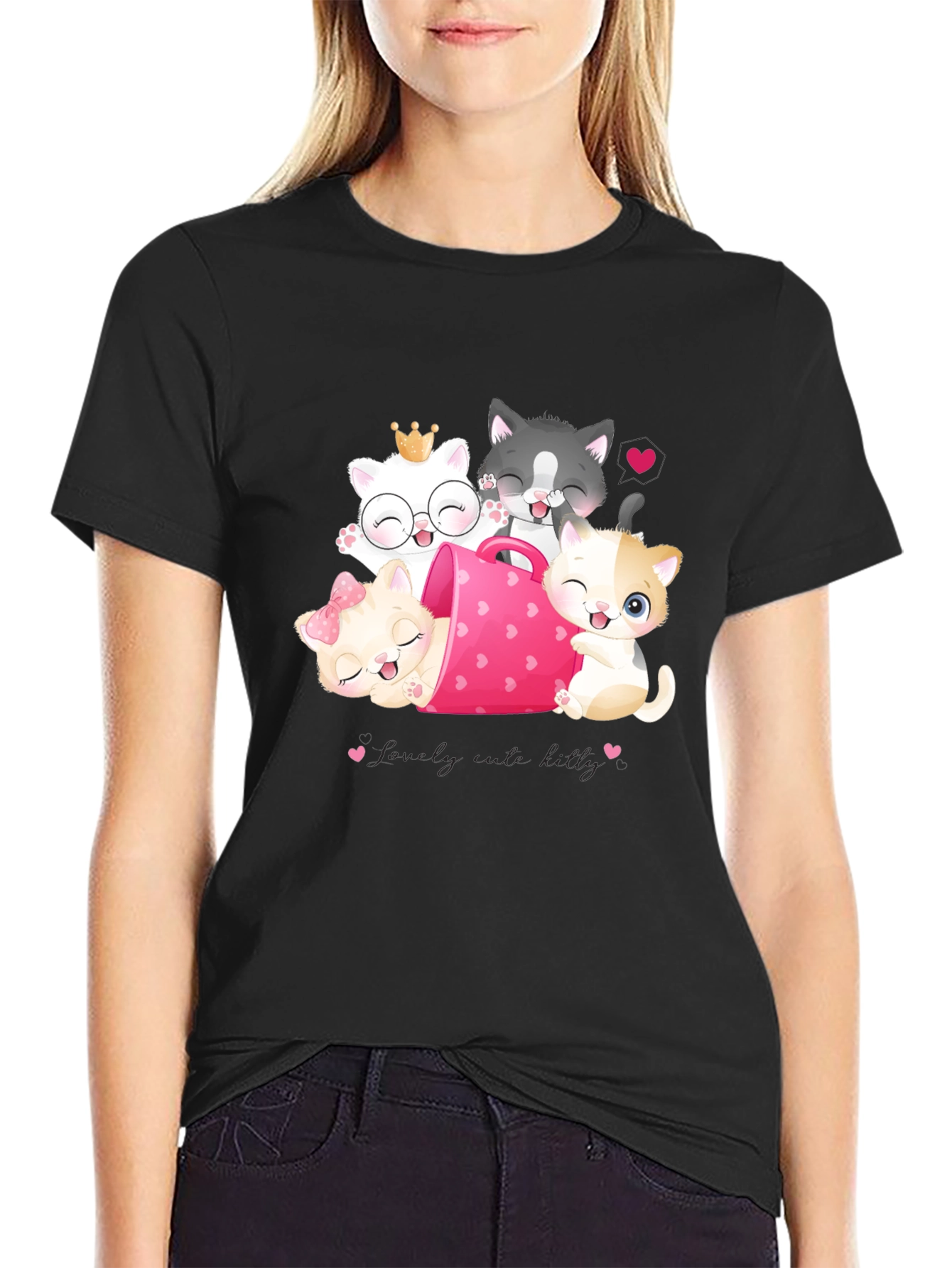 Black Cute Cats in a Cup T-Shirt view 2