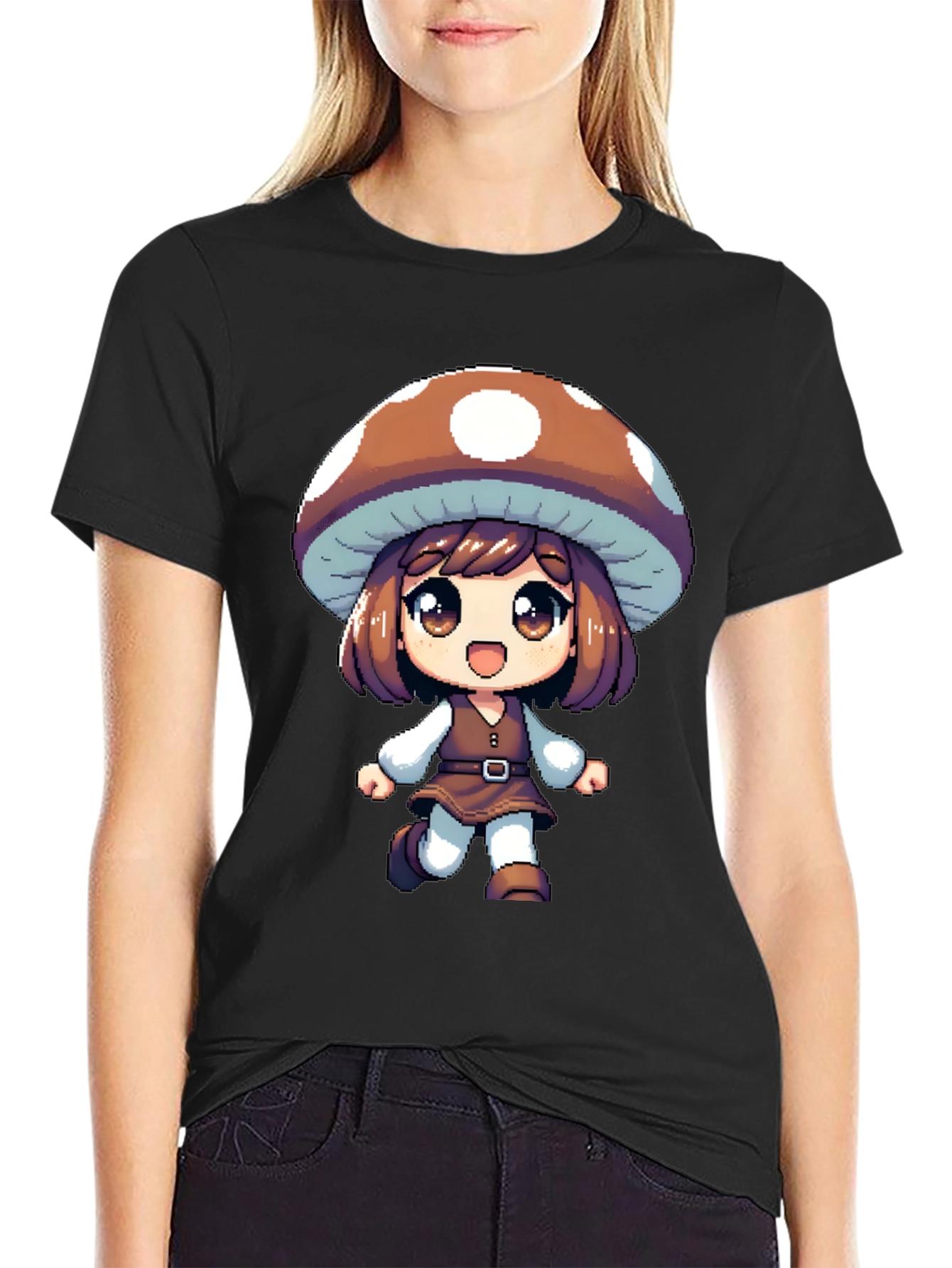 Black Mushroom Girl Black T-Shirt Anime Pixel Art view 2