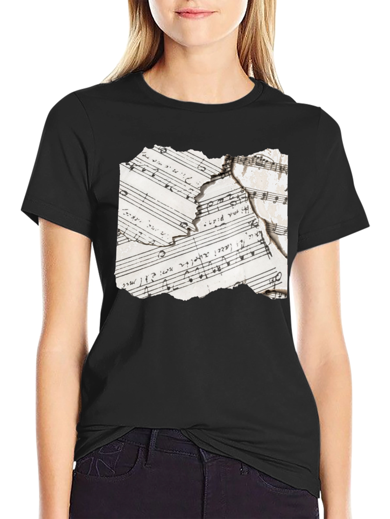 Black Torn Music Sheet Graphic Tee - Black Cotton Blend view 2