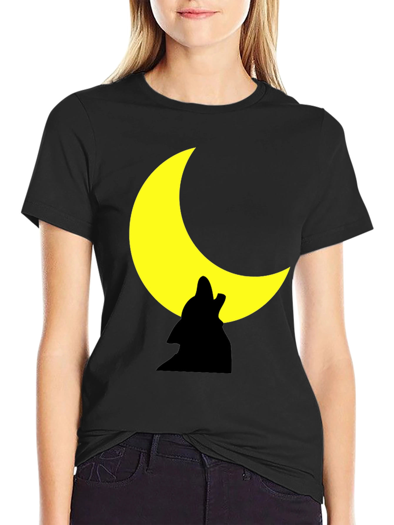 Black Wolf Howling Moon Graphic Black Tee Shirt view 2