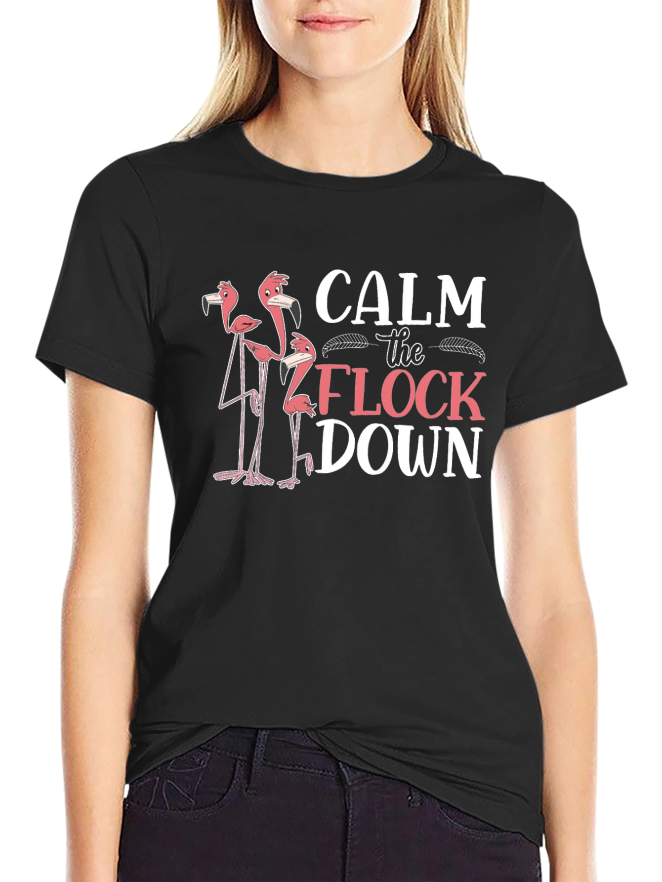 Black Calm the Flock Down Flamingo Graphic T-Shirt view 2