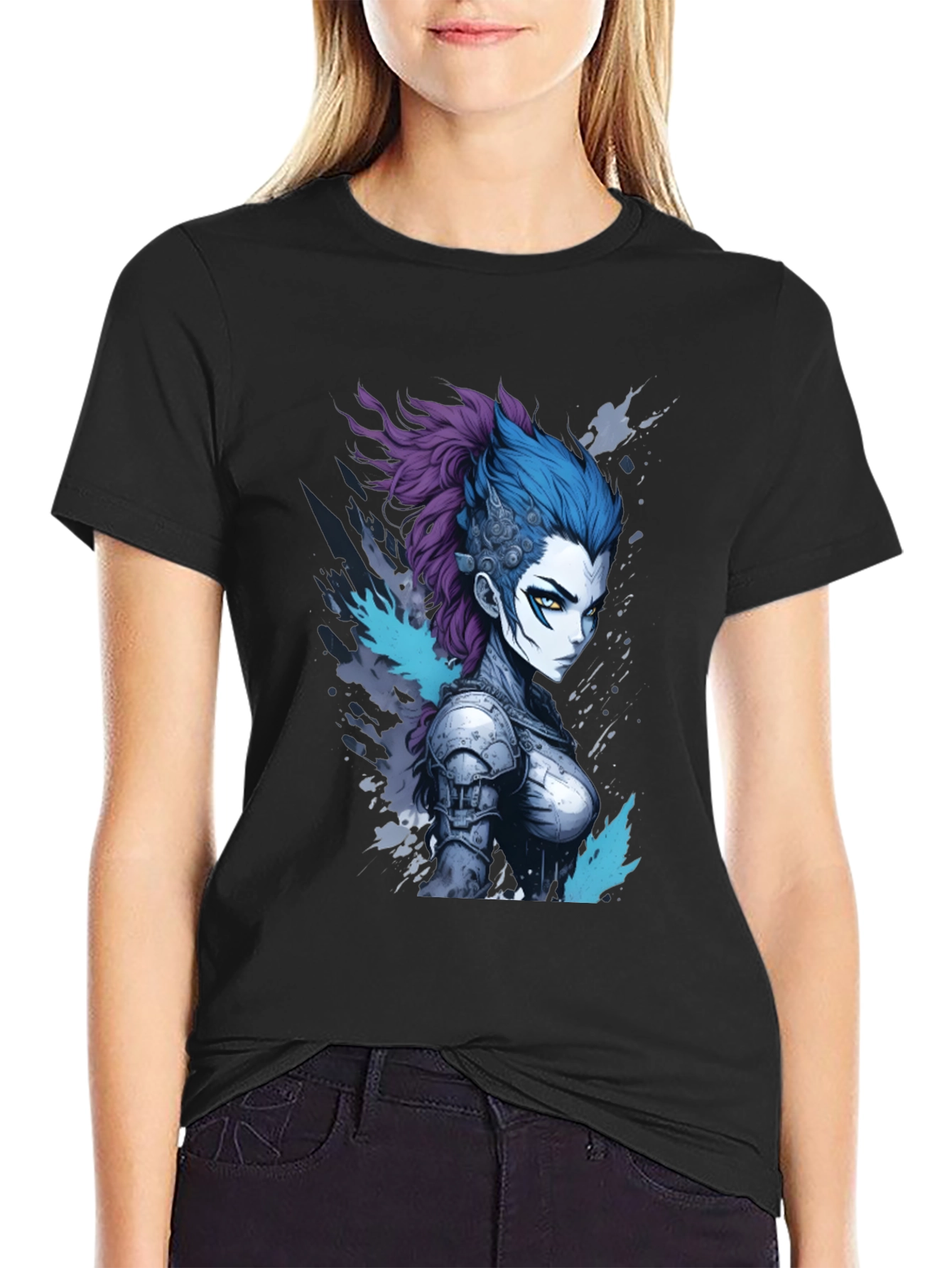 Black Anime Warrior Graphic Tee - Cool Design view 2