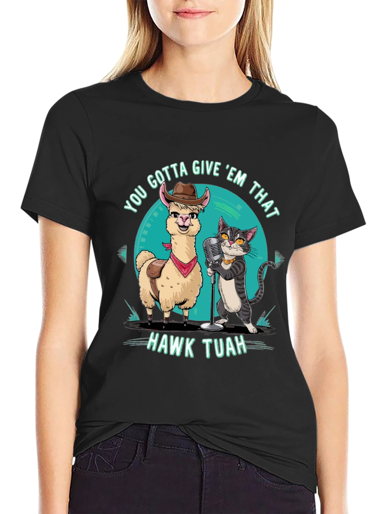 Black Hawk Tuah T-Shirt: Singing Llama & Cat Duo! view 2