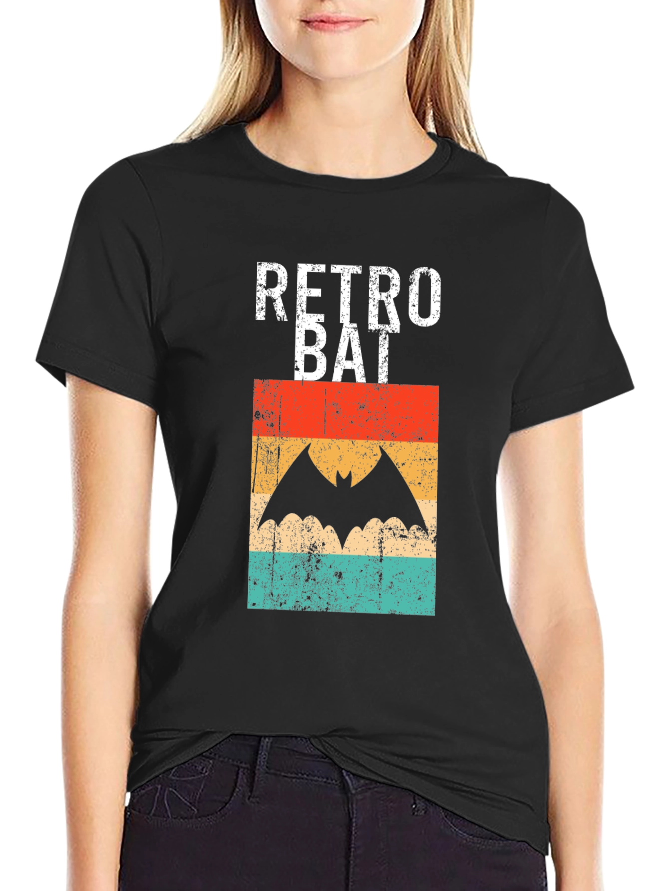Black Retro Bat Graphic Tee - Vintage Style Black T-Shirt view 2