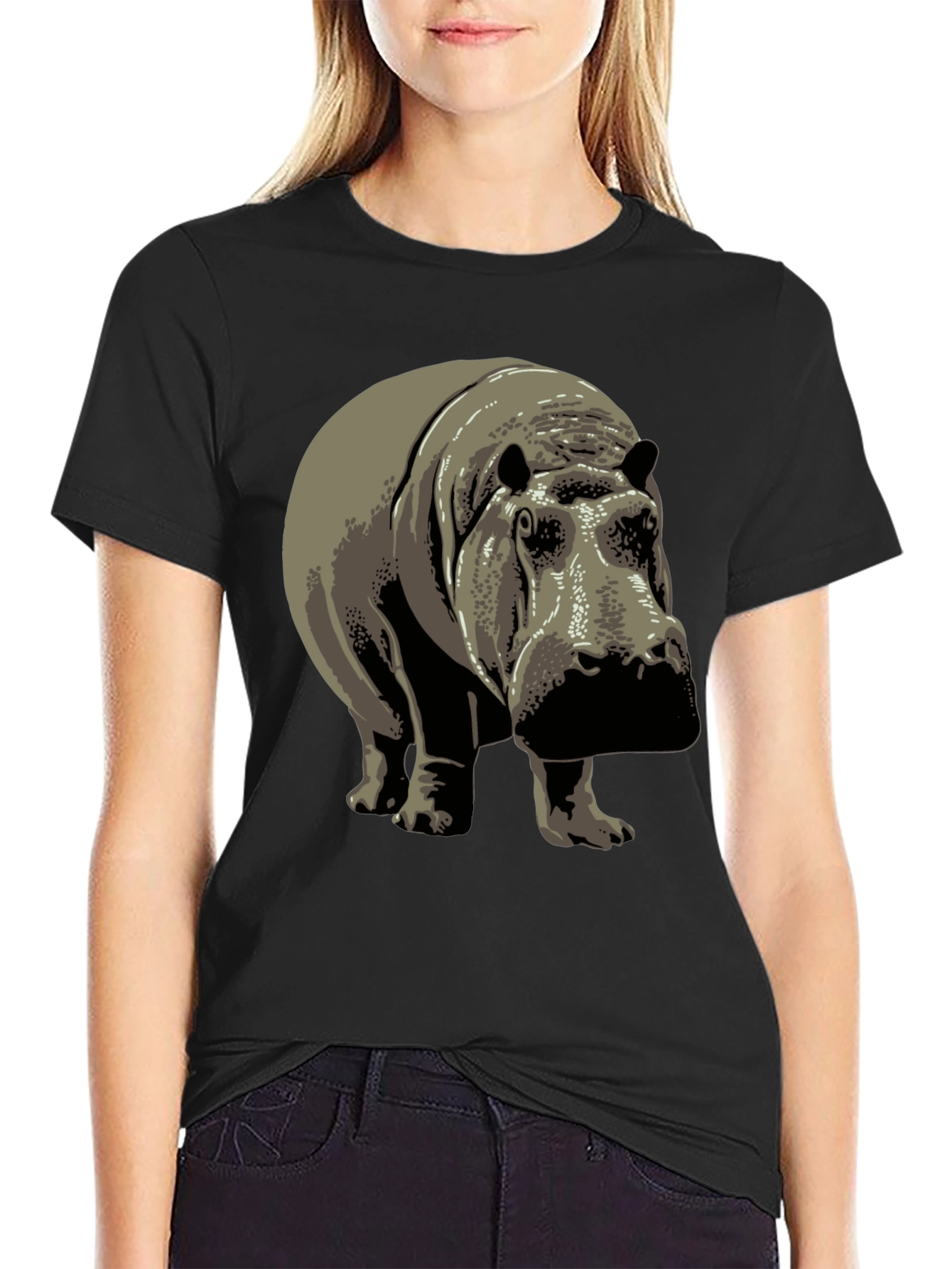 Black Hippo Graphic Tee - Black Cotton T-Shirt view 2