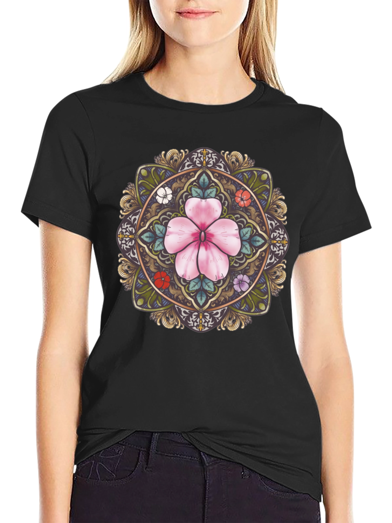 Black Floral Mandala Graphic Tee - Stylish Black T-Shirt view 2