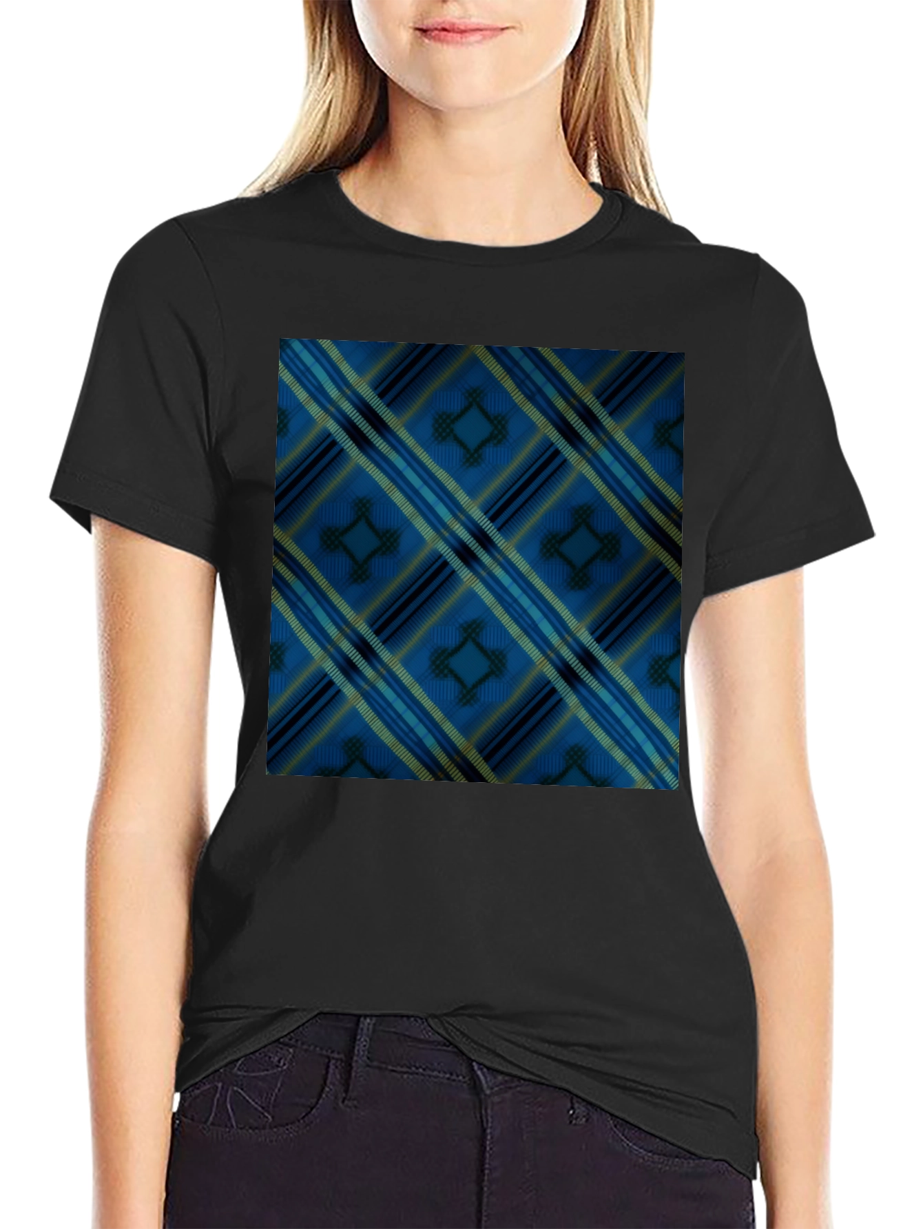 Black Blue Plaid Pattern Black T-Shirt view 2