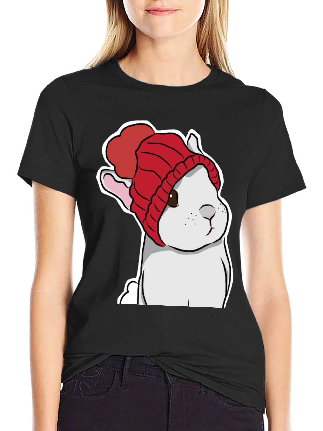 Black Cute Bunny in Red Knit Hat T-Shirt view 2
