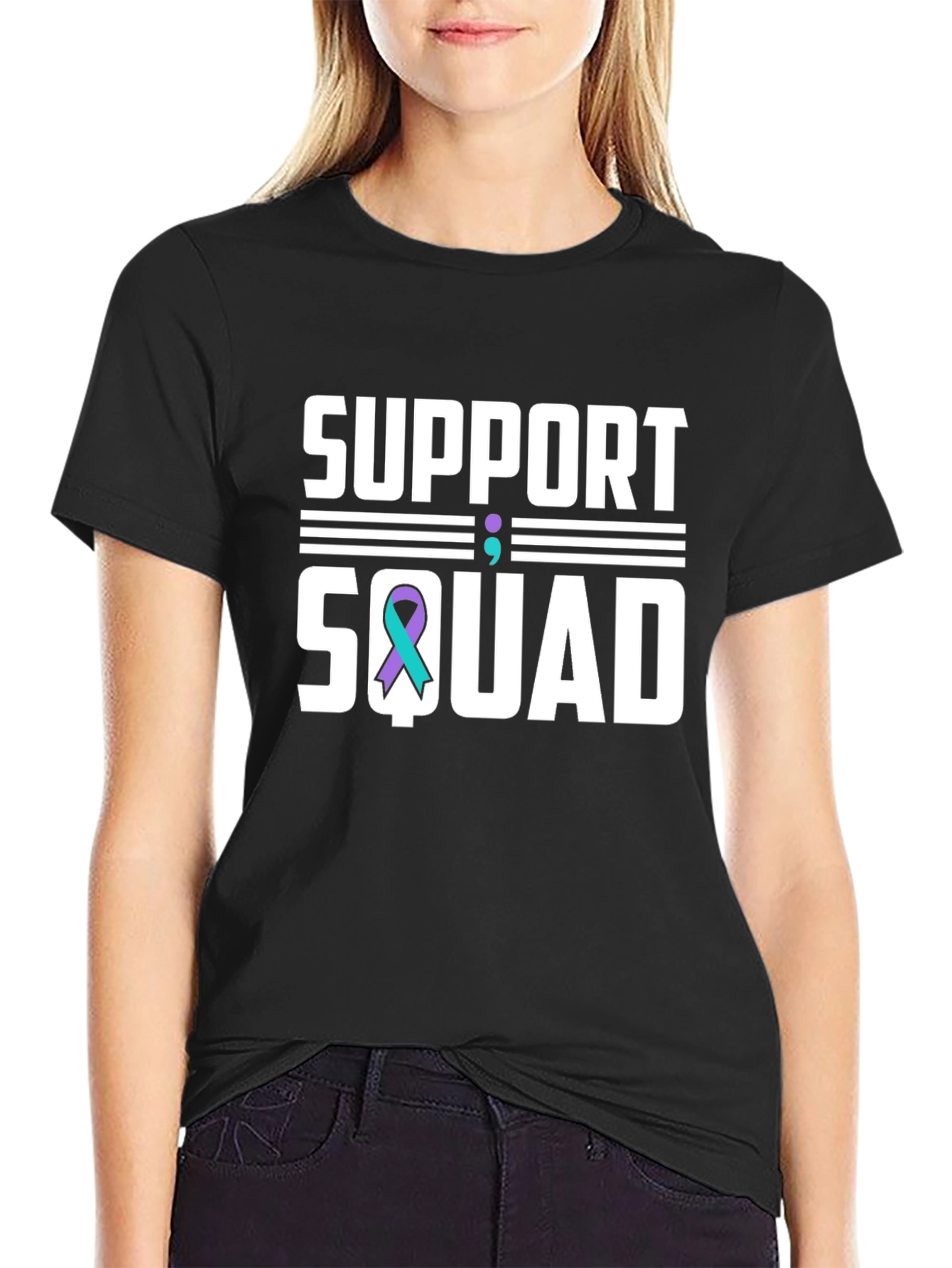 Black Support Squad T-Shirt: Teal Ribbon Mental Health Awareness view 2