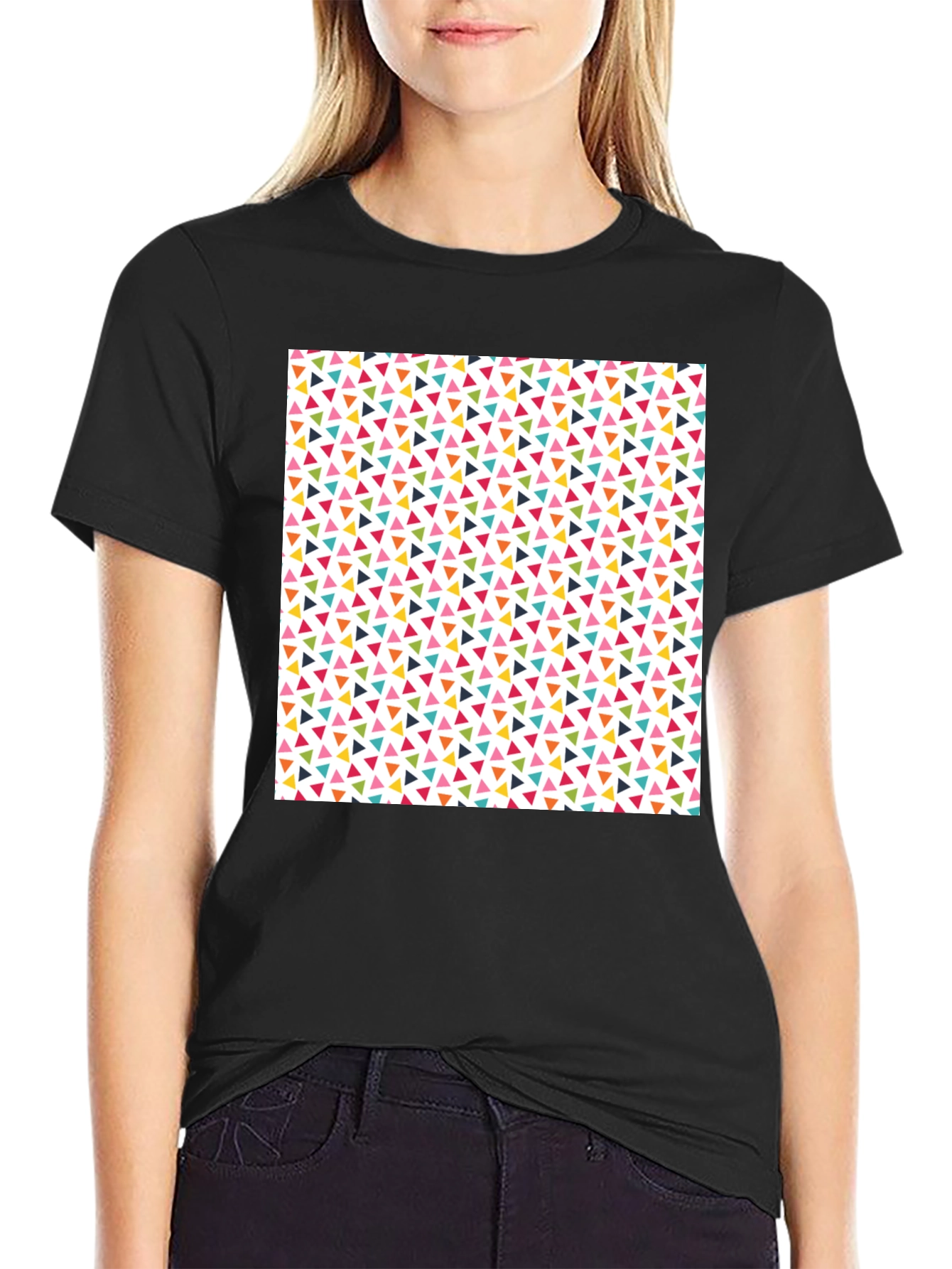 Black Fun Geometric Triangle Pattern Black T-Shirt view 2
