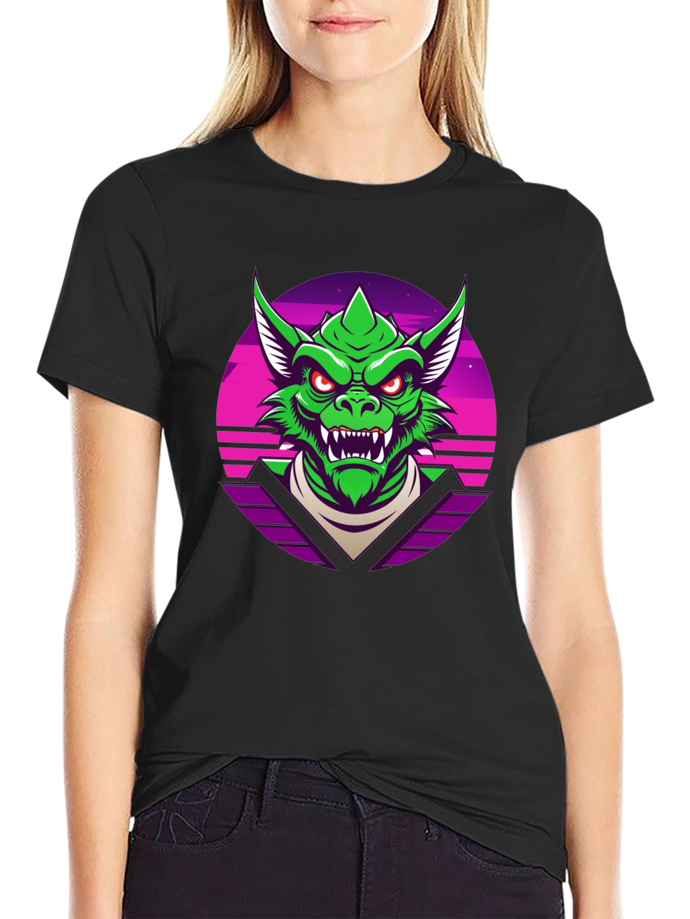 Black Retro Synthwave Dragon Graphic Tee view 2