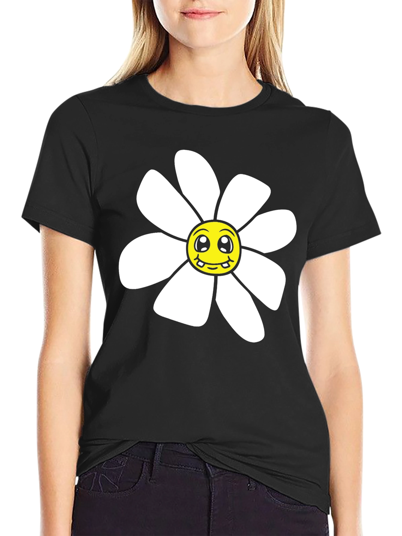 Black Daisy Graphic T-Shirt - Black Cotton Blend view 2