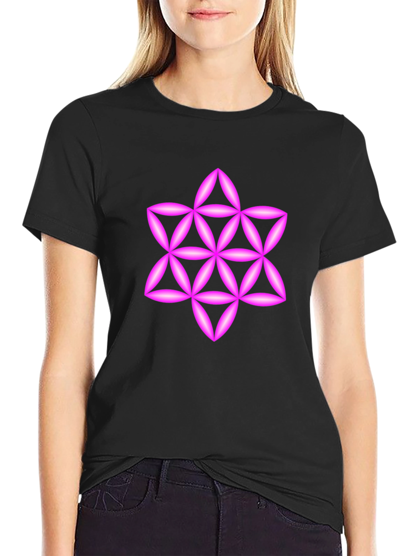 Black Geometric Star Tee - Black Cotton Blend Casual Wear view 2