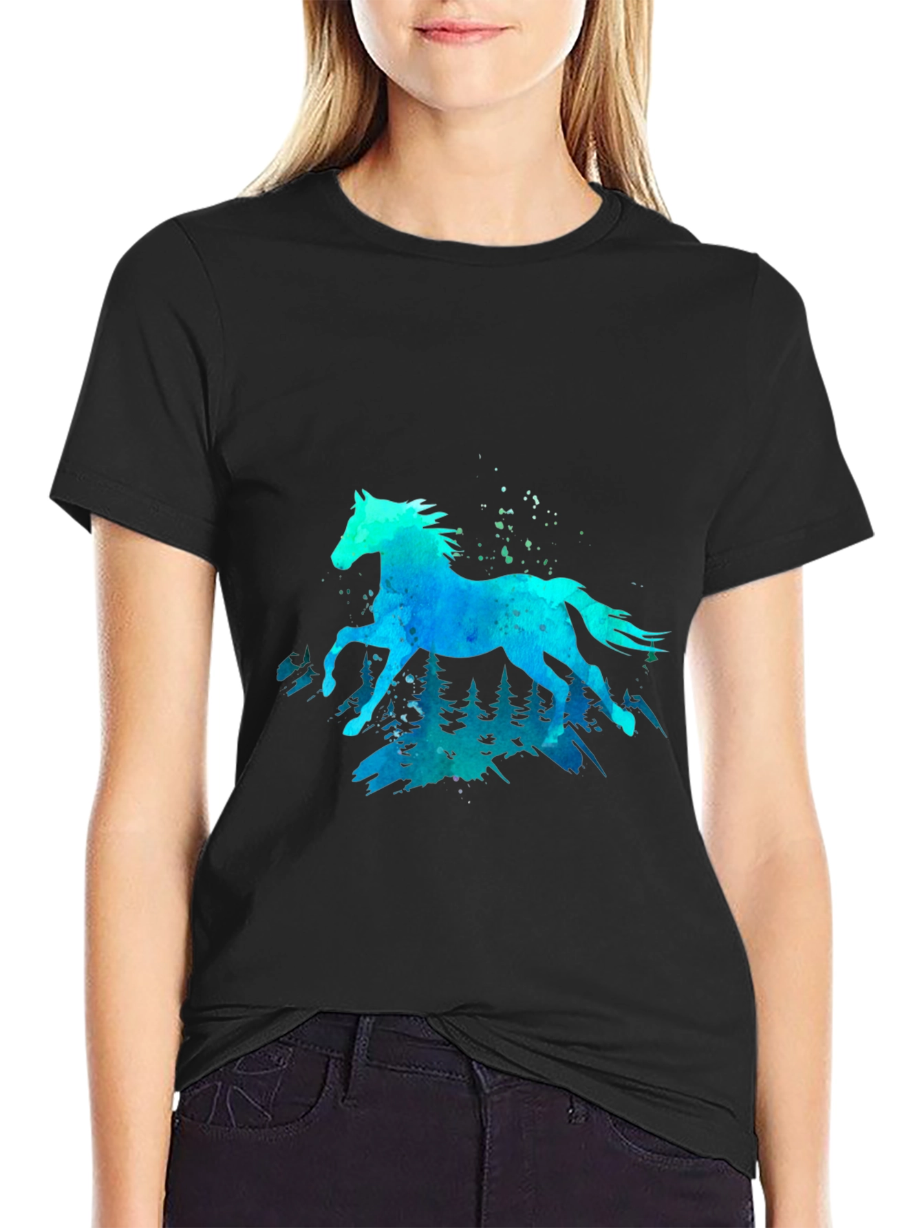 Black Watercolor Horse Graphic Tee - Black view 2