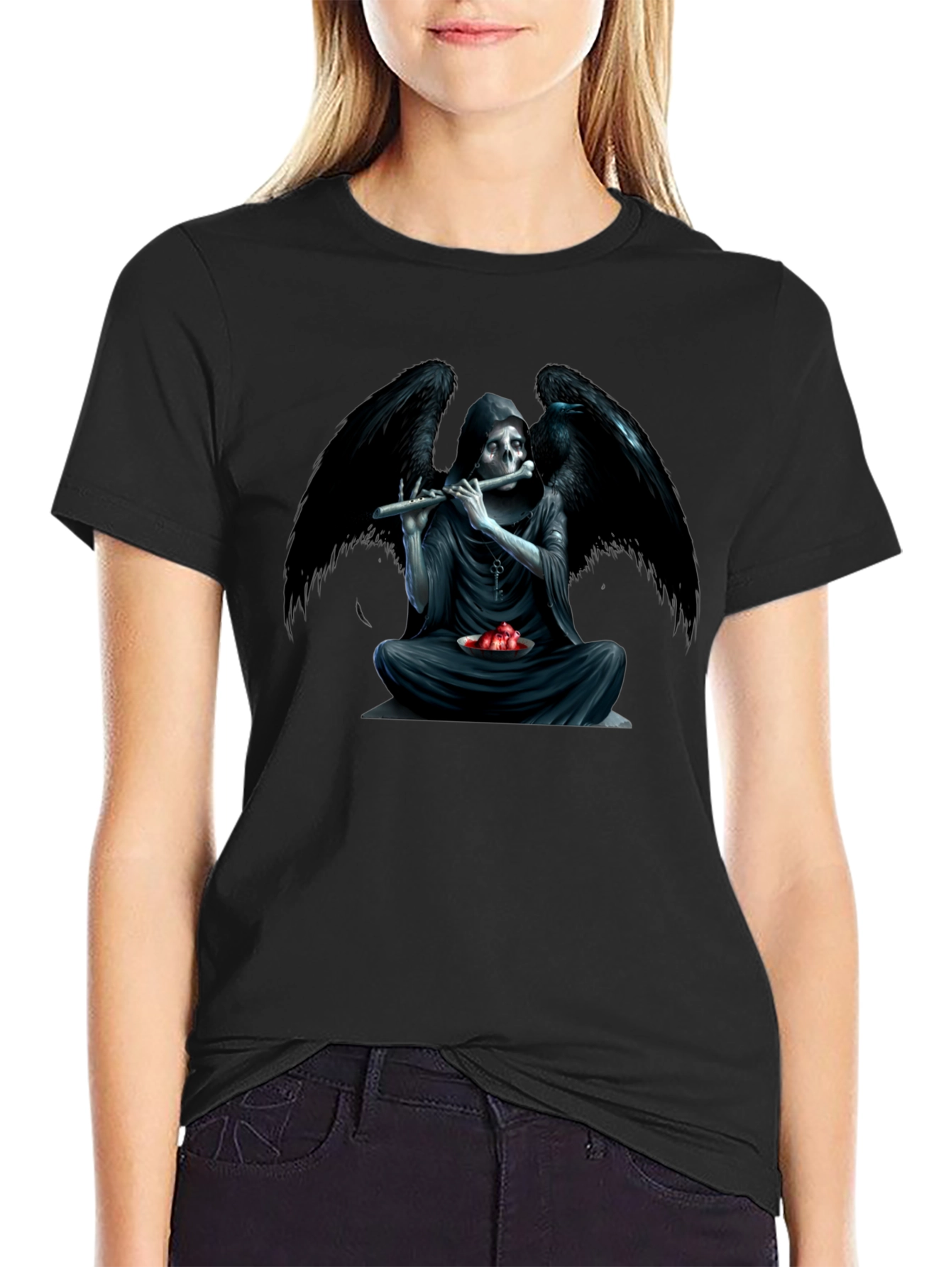 Black Grim Reaper Flute Graphic T-Shirt view 2