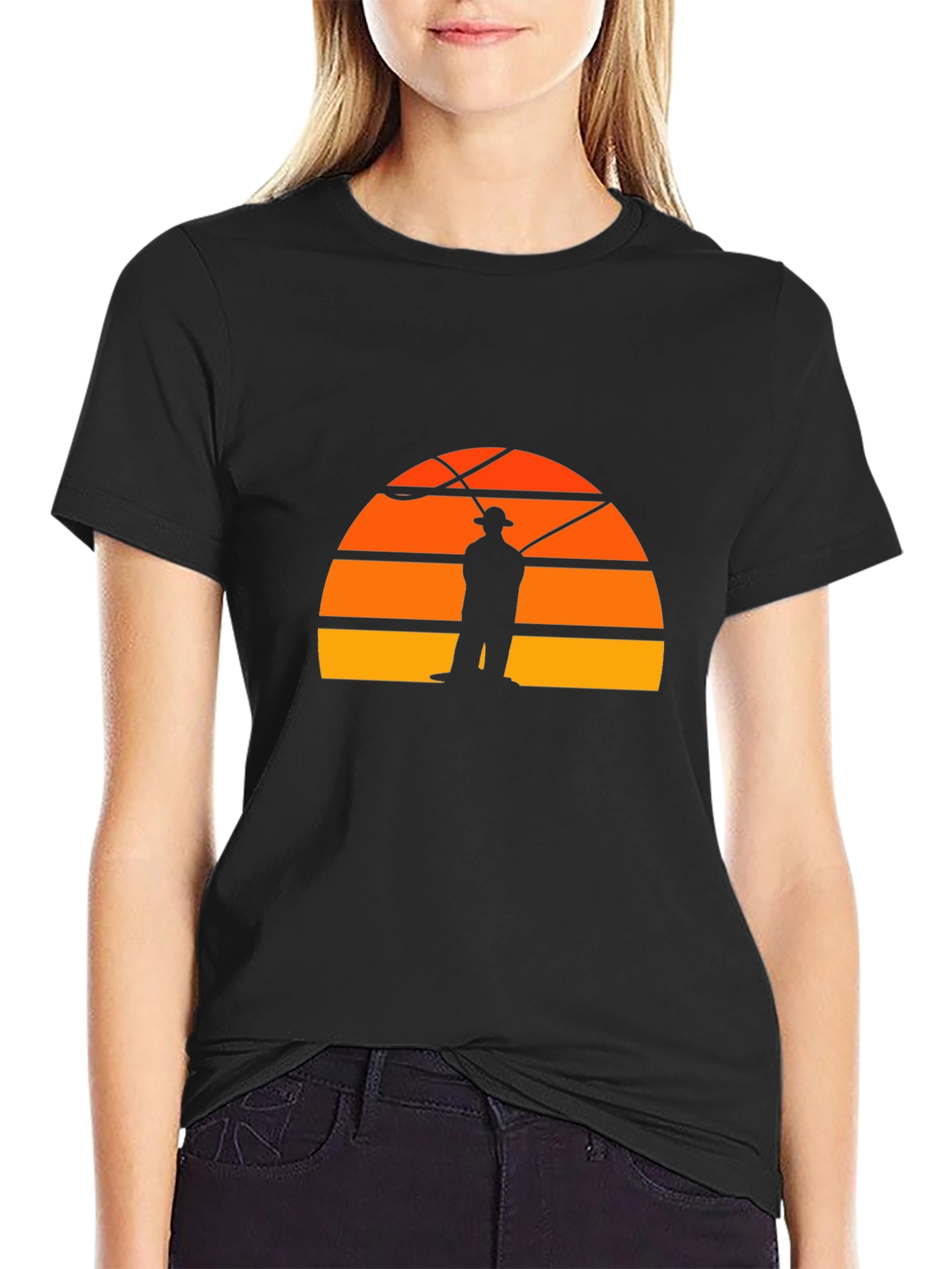 Black Fisherman Sunset Graphic Tee - Retro Style Black T-Shirt view 2