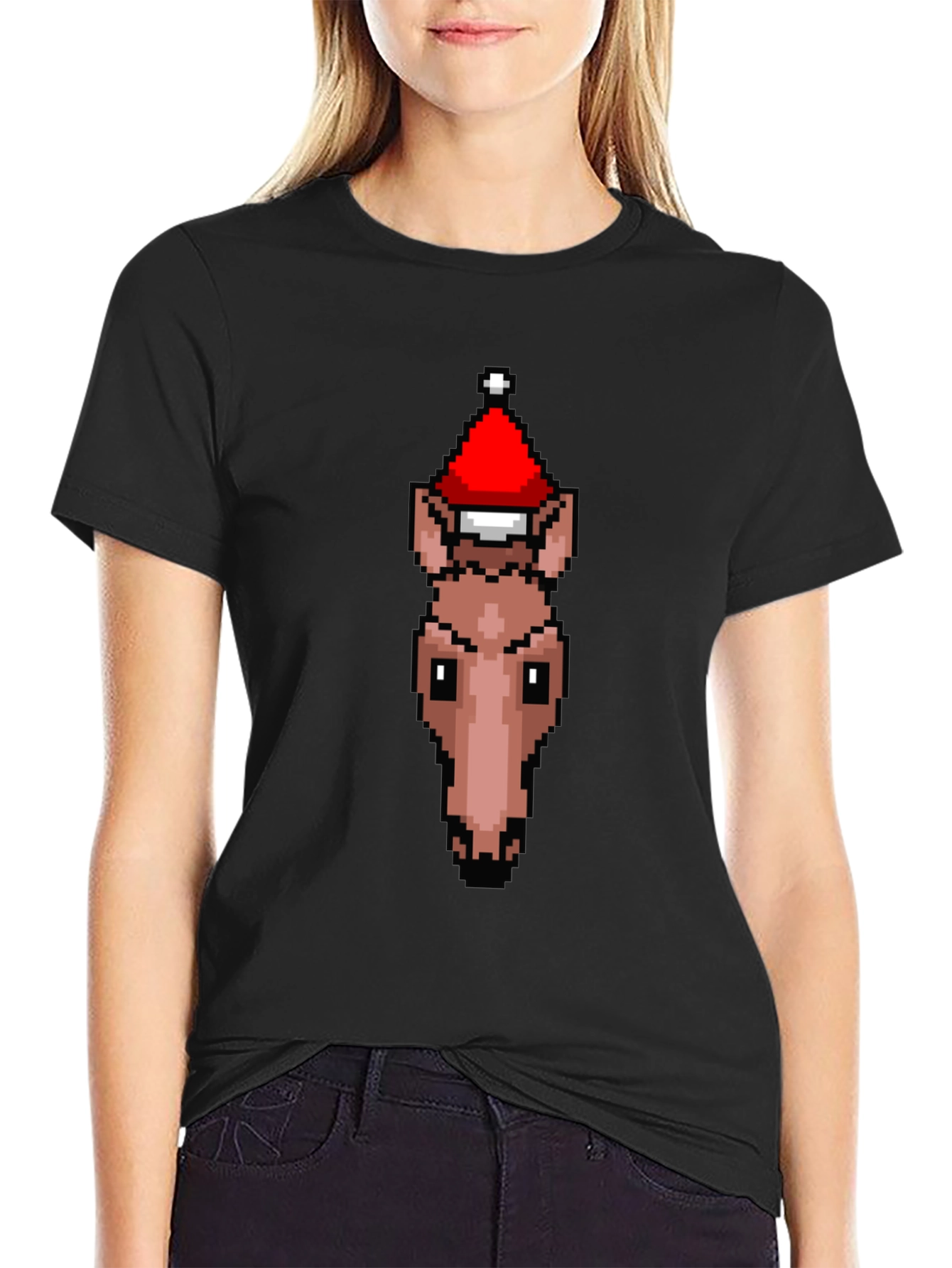 Black Pixel Art Horse Santa Hat T-Shirt view 2