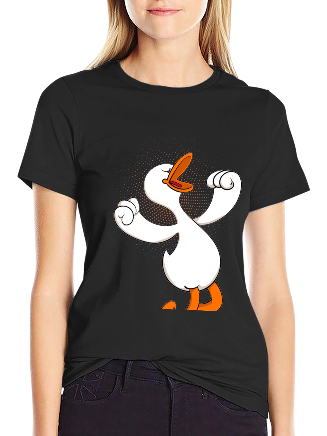 Black Funny Goose Cartoon Graphic Black T-Shirt view 2