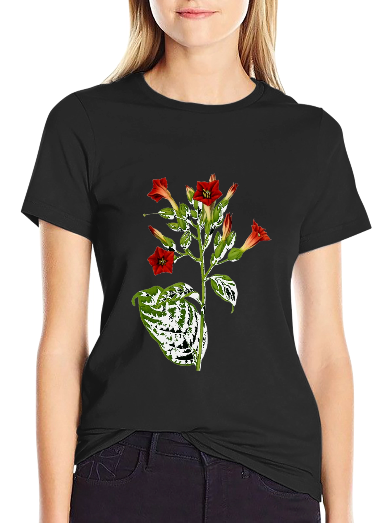 Black Botanical Floral Graphic Tee - Black Cotton T-Shirt view 2
