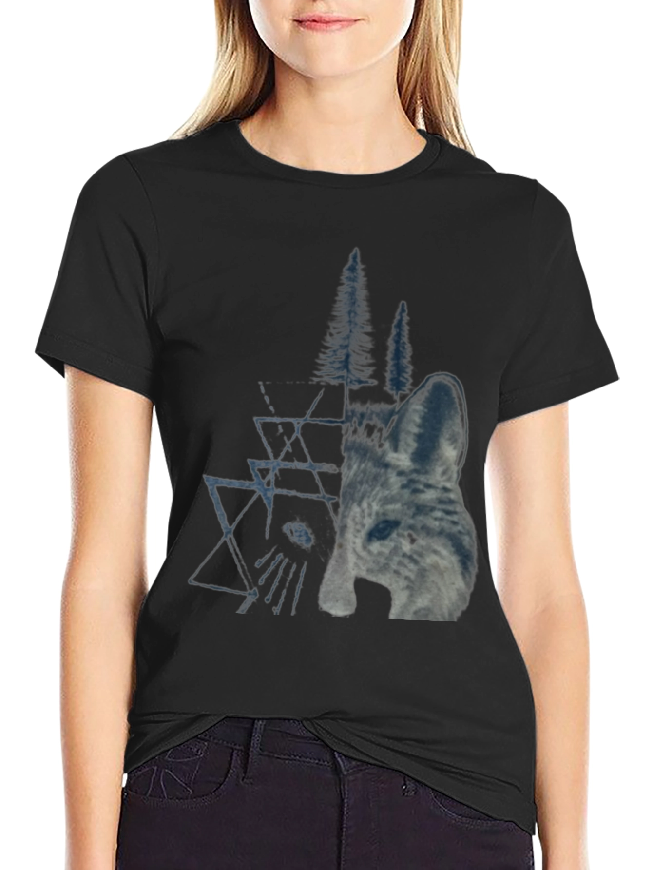Black Geometric Wolf & Trees Graphic Tee - Black view 2