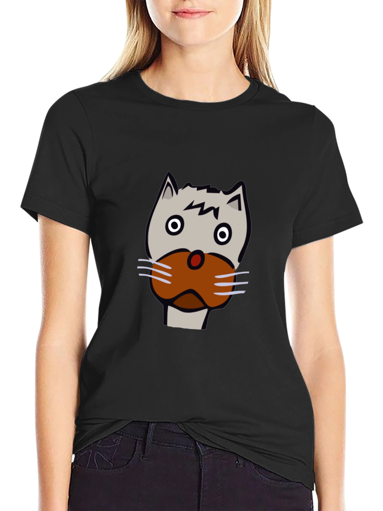 Black Funny Cartoon Cat Face Black T-Shirt view 2