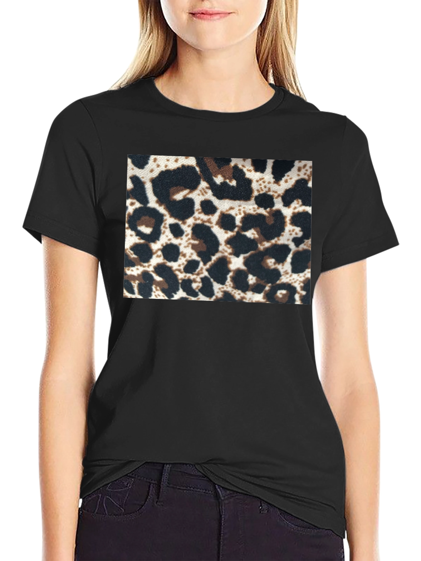 Black Leopard Print Tee - Black Short Sleeve Crew Neck view 2