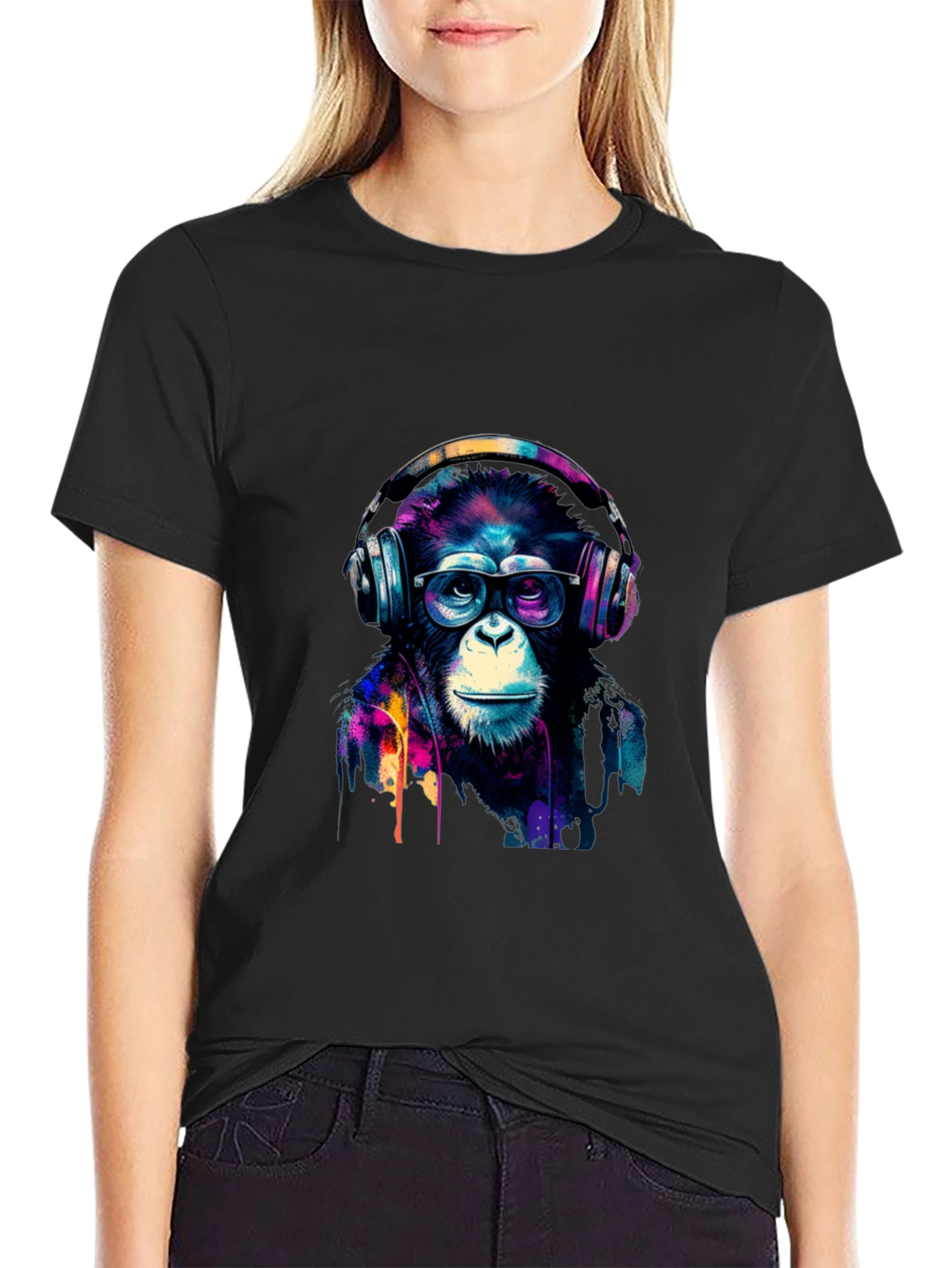 Black Cool Monkey Headphone Graphic Black T-Shirt view 2