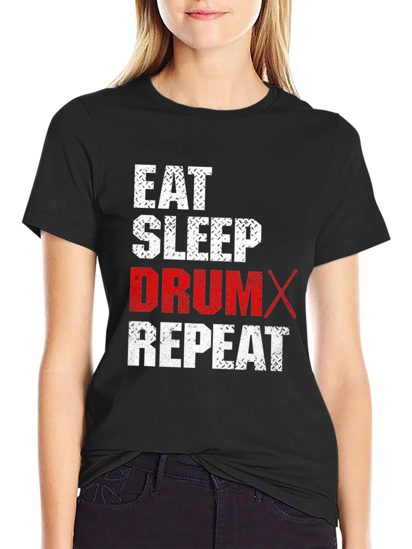Black Eat Sleep Drum Repeat T-Shirt - Black Cotton Tee view 2