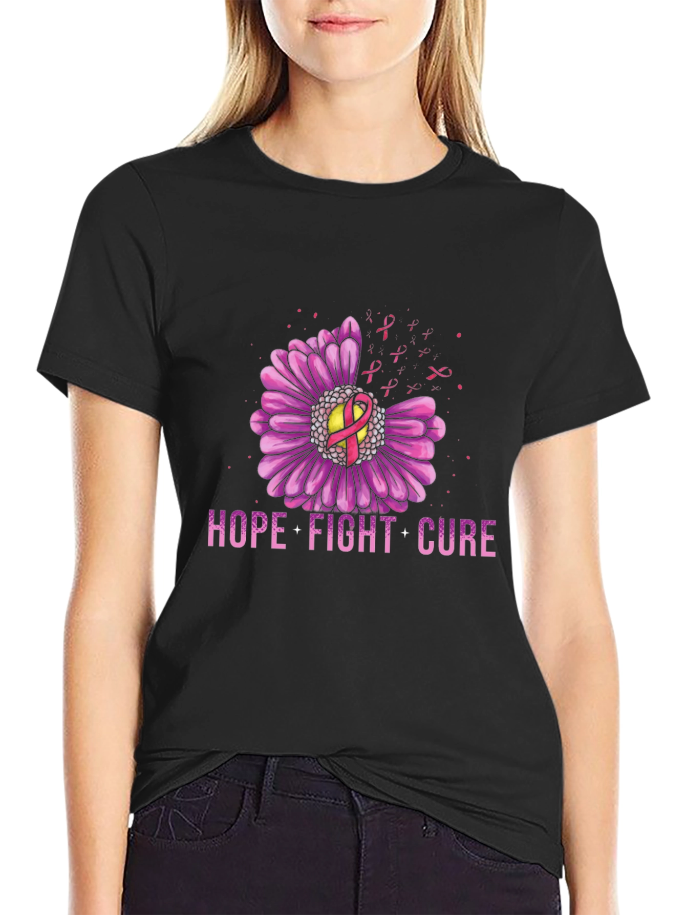 Black Hope Fight Cure Breast Cancer Awareness Graphic T-Shirt view 2