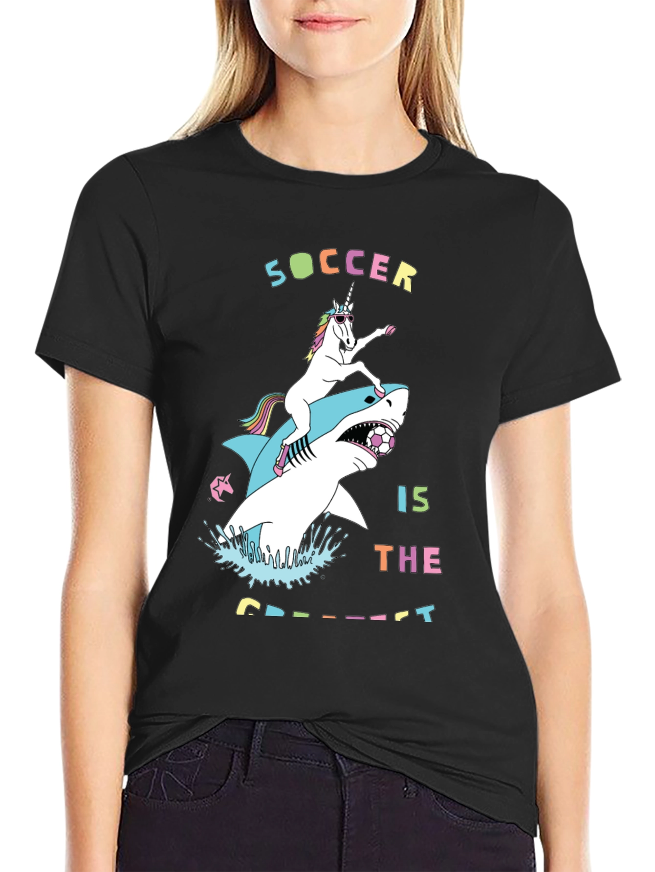 Black Unicorn Riding Shark Soccer T-Shirt view 2