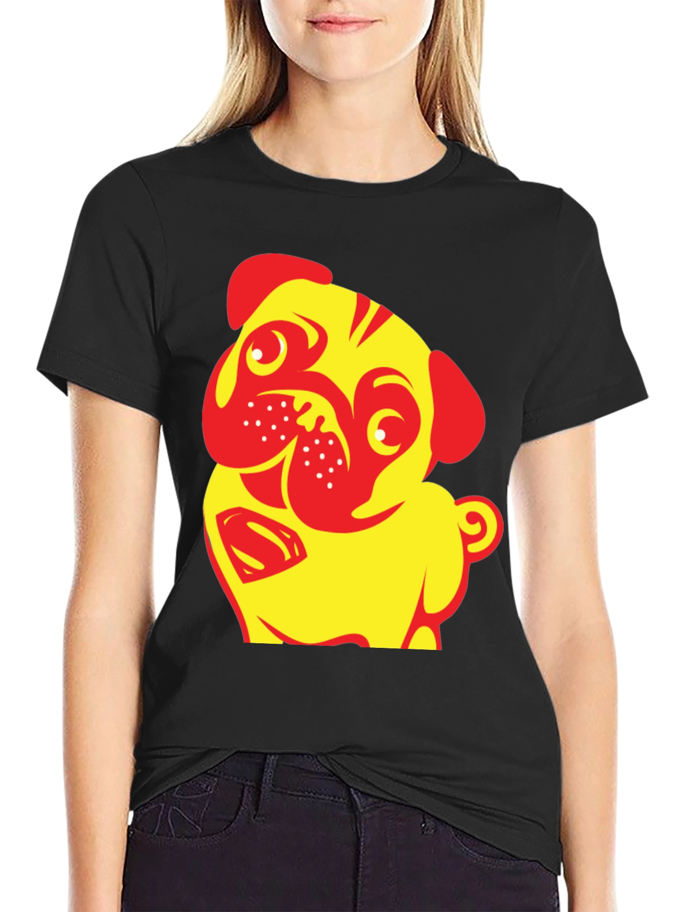 Black Pug-tastic Tee:  Yellow & Red Dog T-Shirt view 2