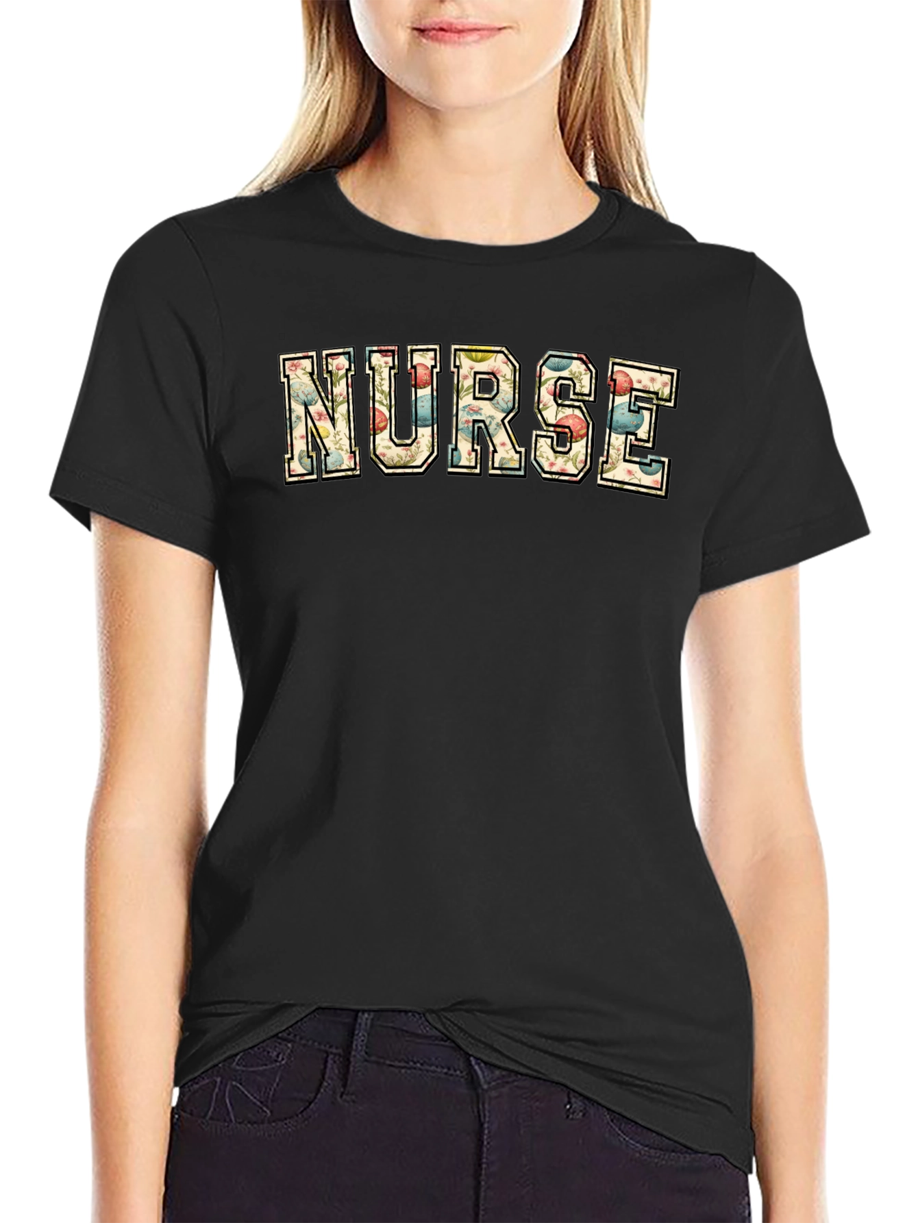 Black Floral Nurse T-Shirt - Stylish Comfort view 2