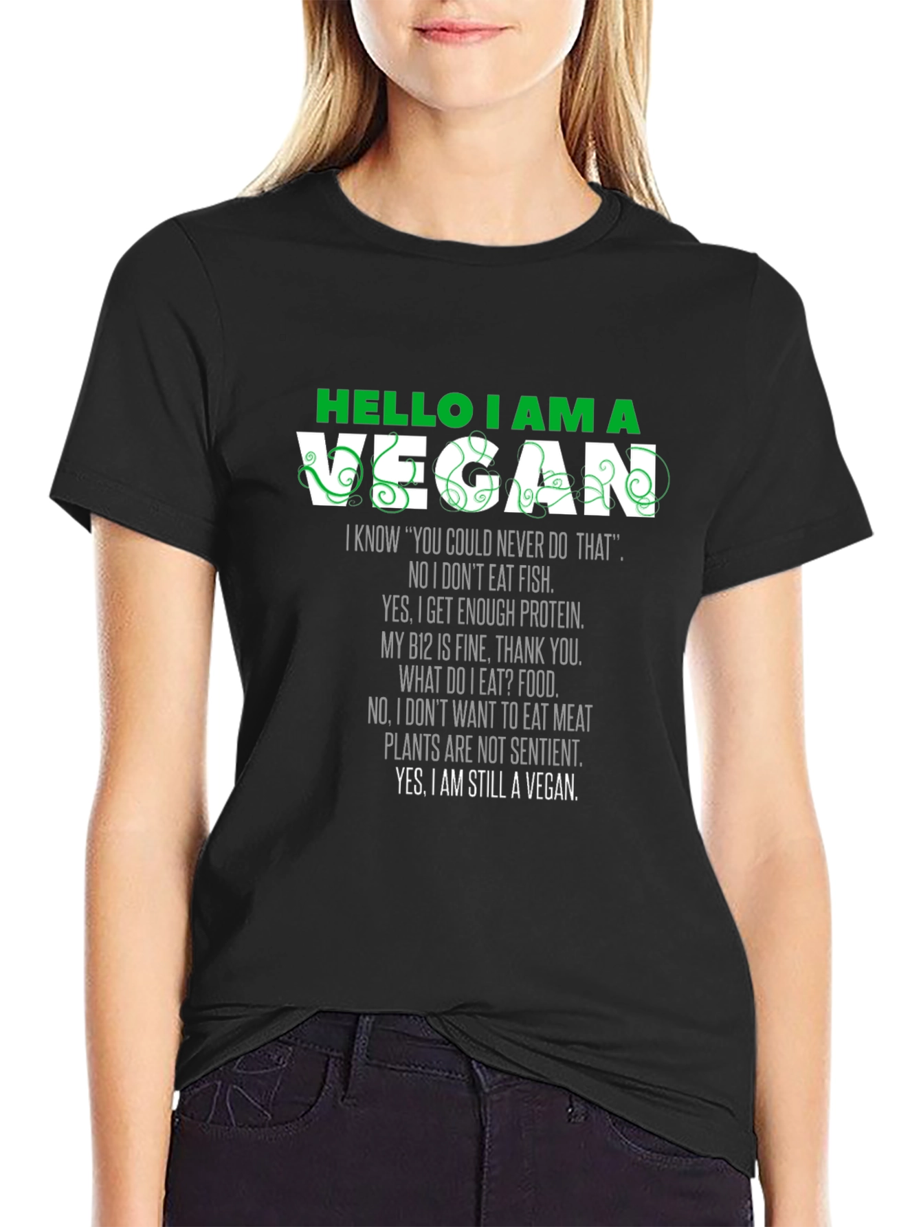 Black Vegan Statement T-Shirt - Black Short Sleeve Crew Neck view 2