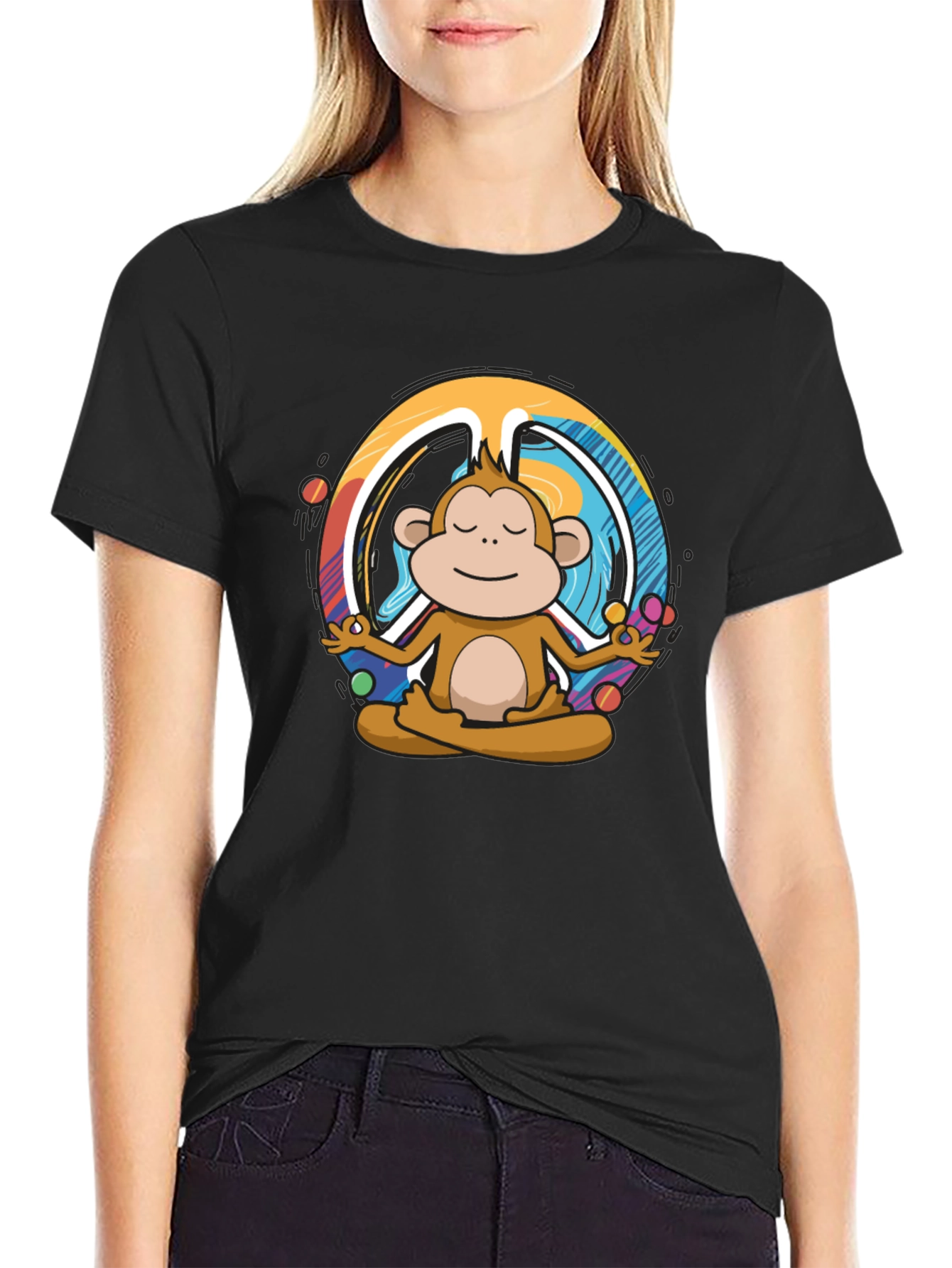 Black Meditating Monkey Peace Sign Graphic Tee - Black view 2