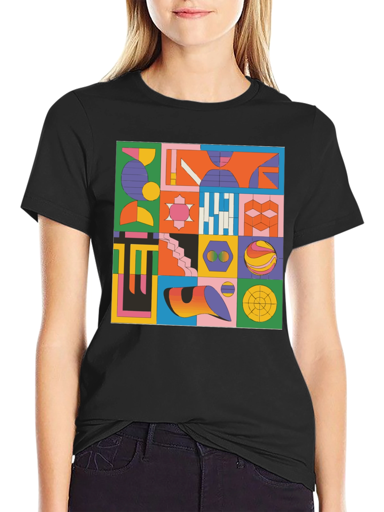 Black Geometric Pattern Graphic Tee - Modern Art T-Shirt view 2