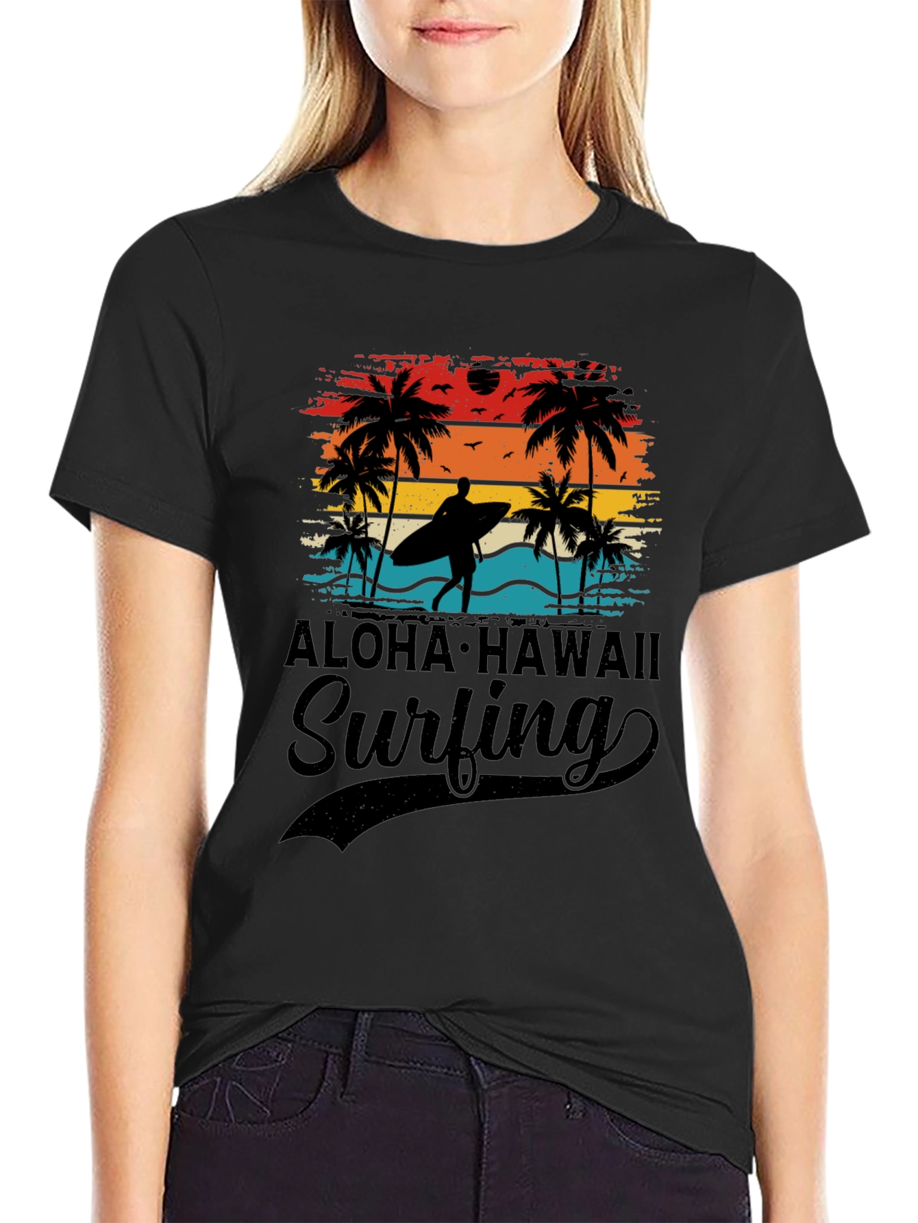 Black Aloha Hawaii Surfing T-Shirt Palm Tree Sunset Tee view 2