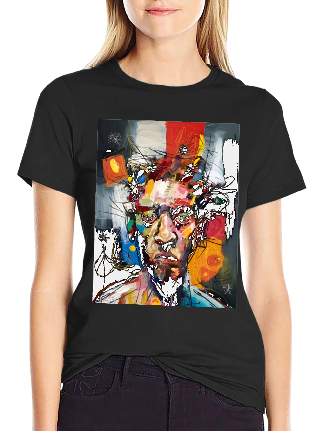 Black Abstract Art Portrait T-Shirt - Modern Graphic Tee view 2