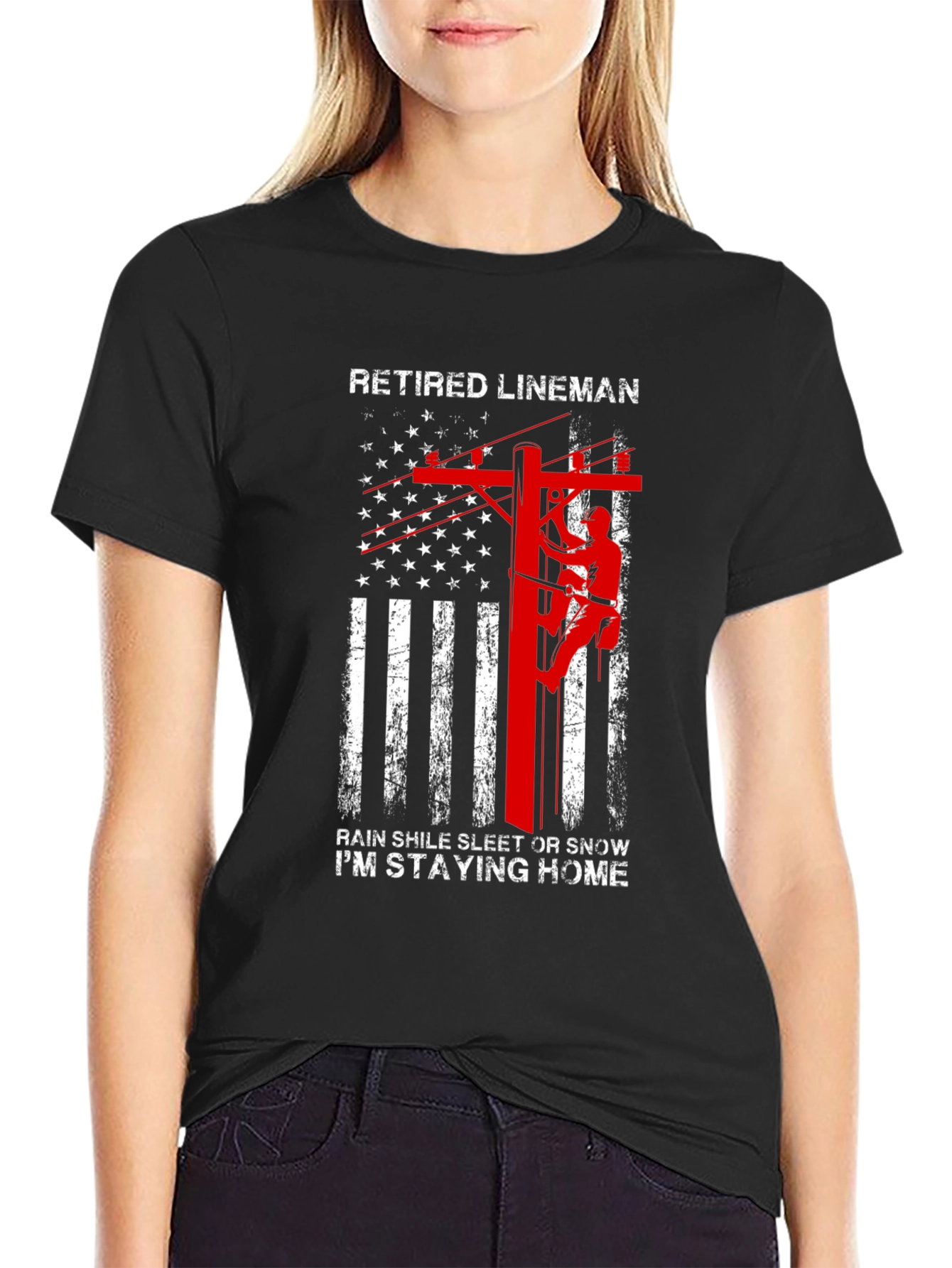 Retired Lineman T-Shirt - American Flag Design - 2