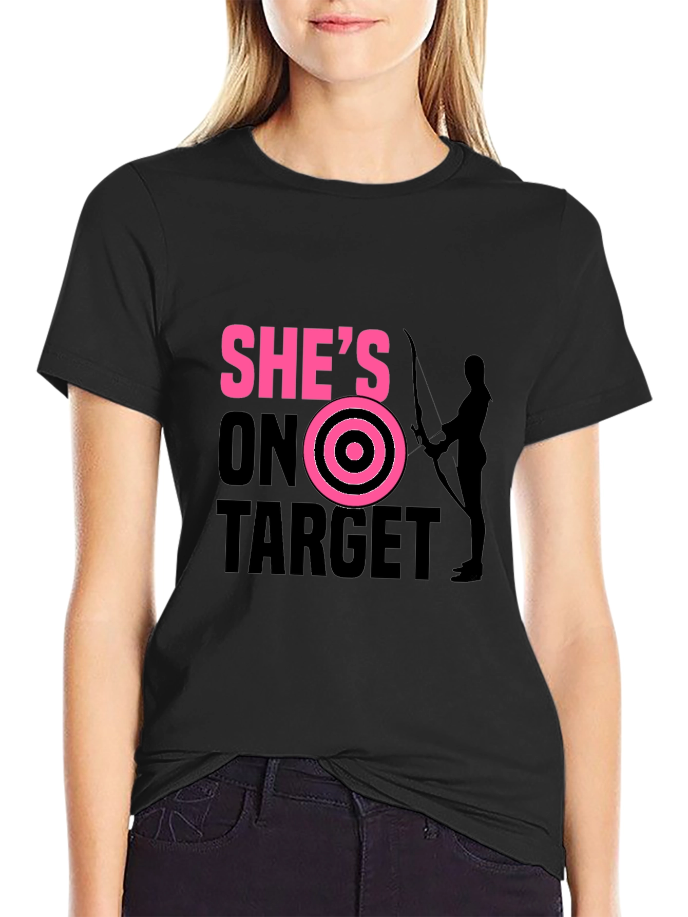 Black She's On Target T-Shirt Archer Arrow Bullseye view 2