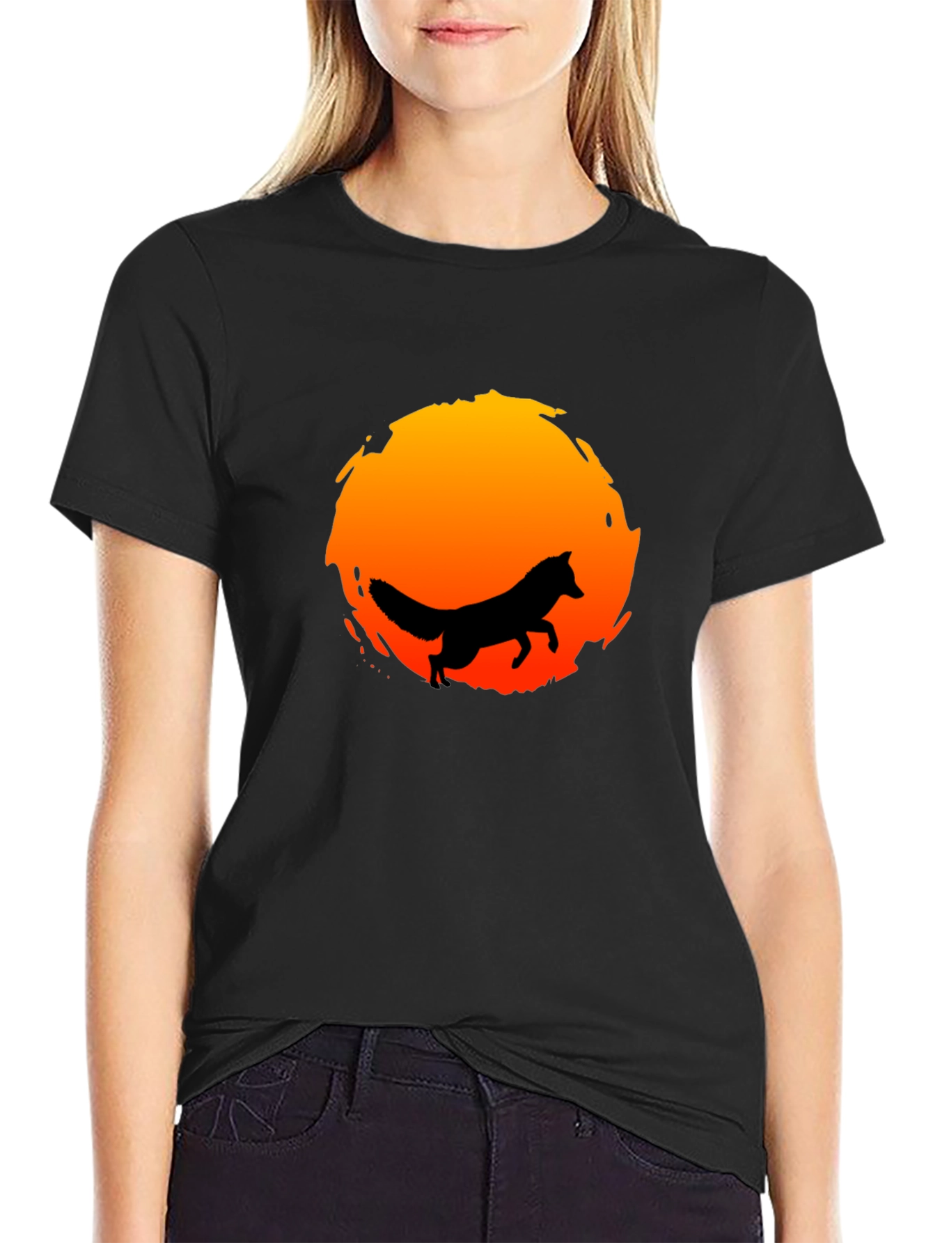 Black Fox Silhouette Sunset Graphic Tee - Stylish & Unique view 2