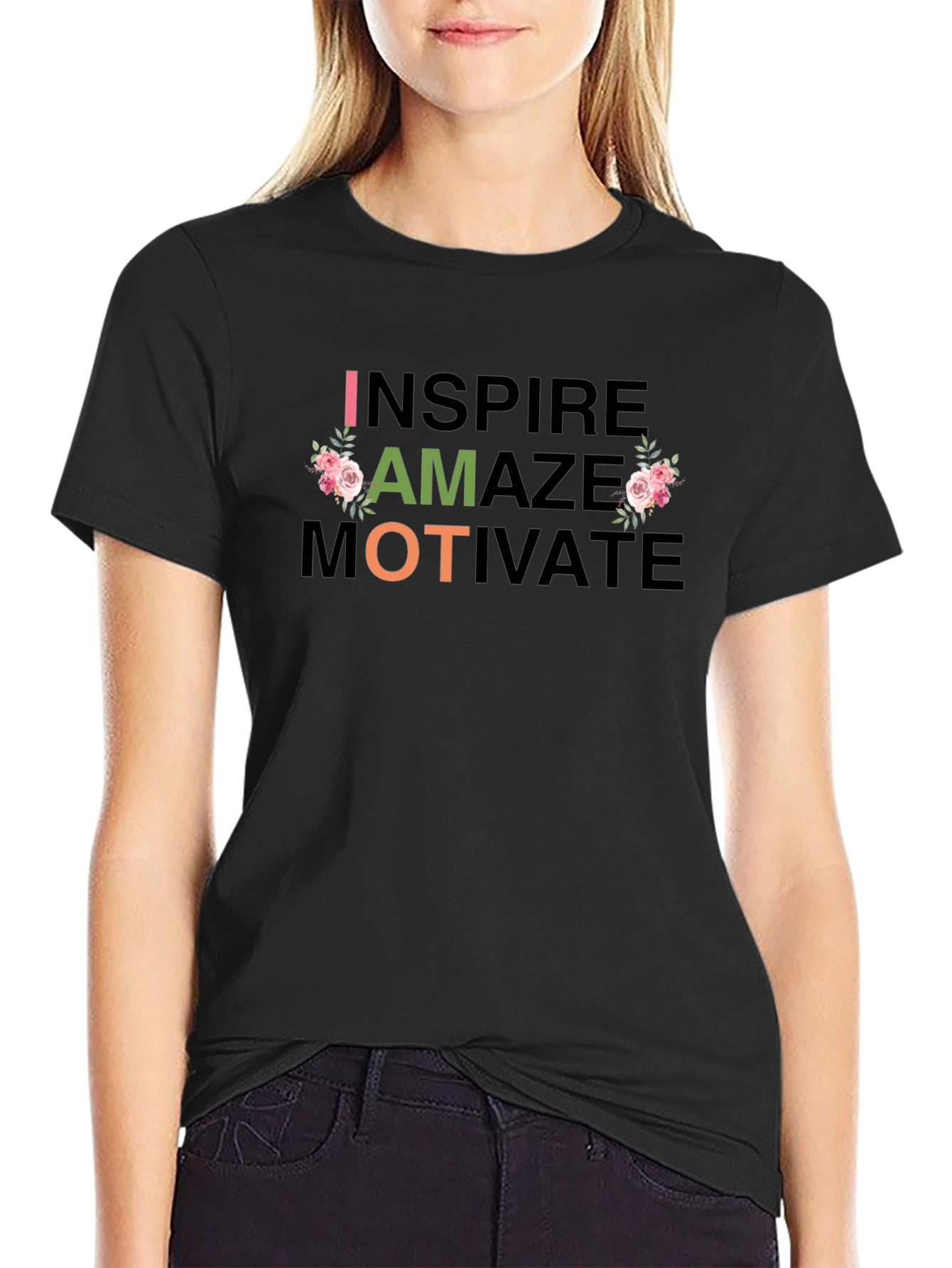 Black Inspire Amaze Motivate Floral T-Shirt view 2