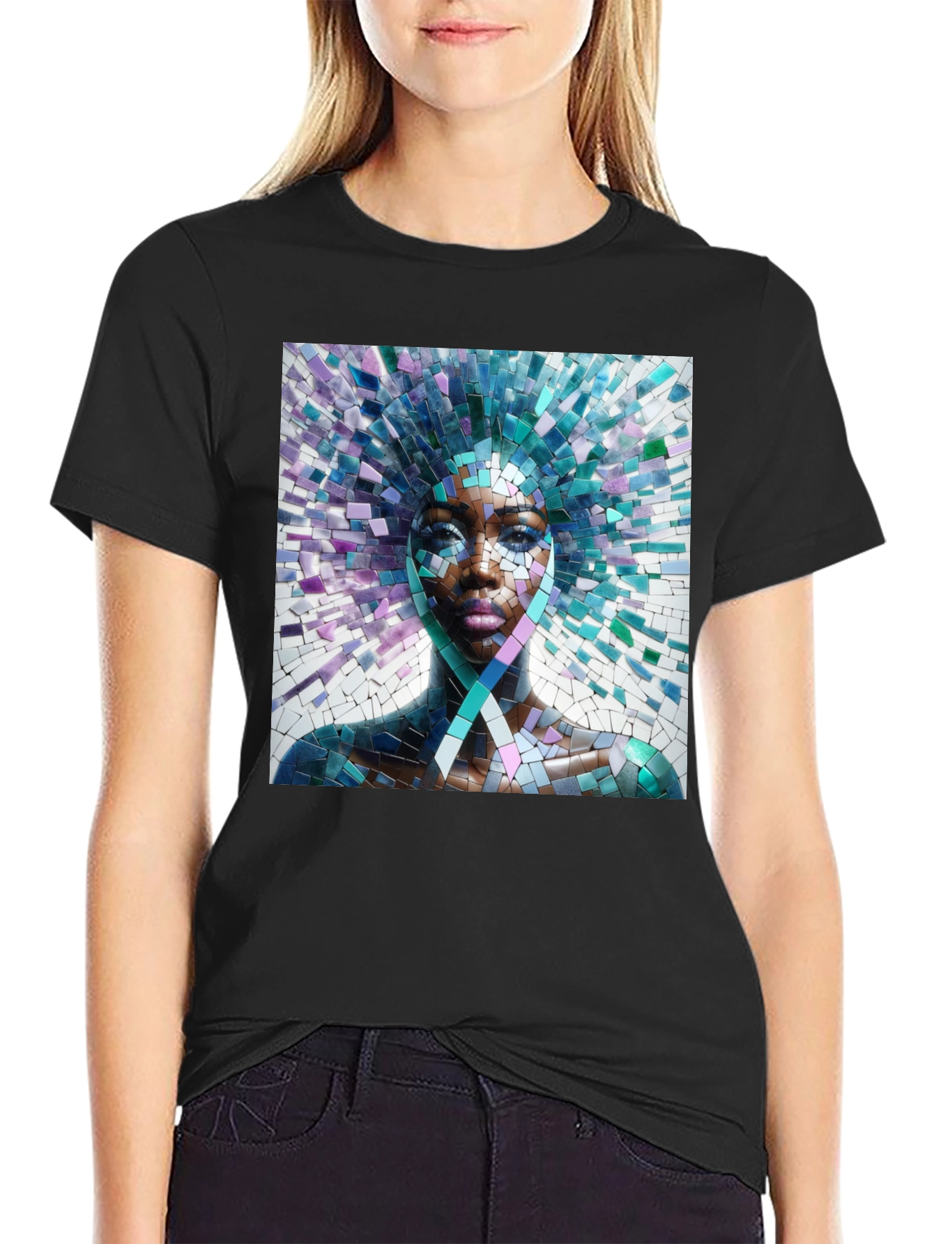 Black Mosaic Woman Graphic Tee - Stylish Unisex T-Shirt view 2