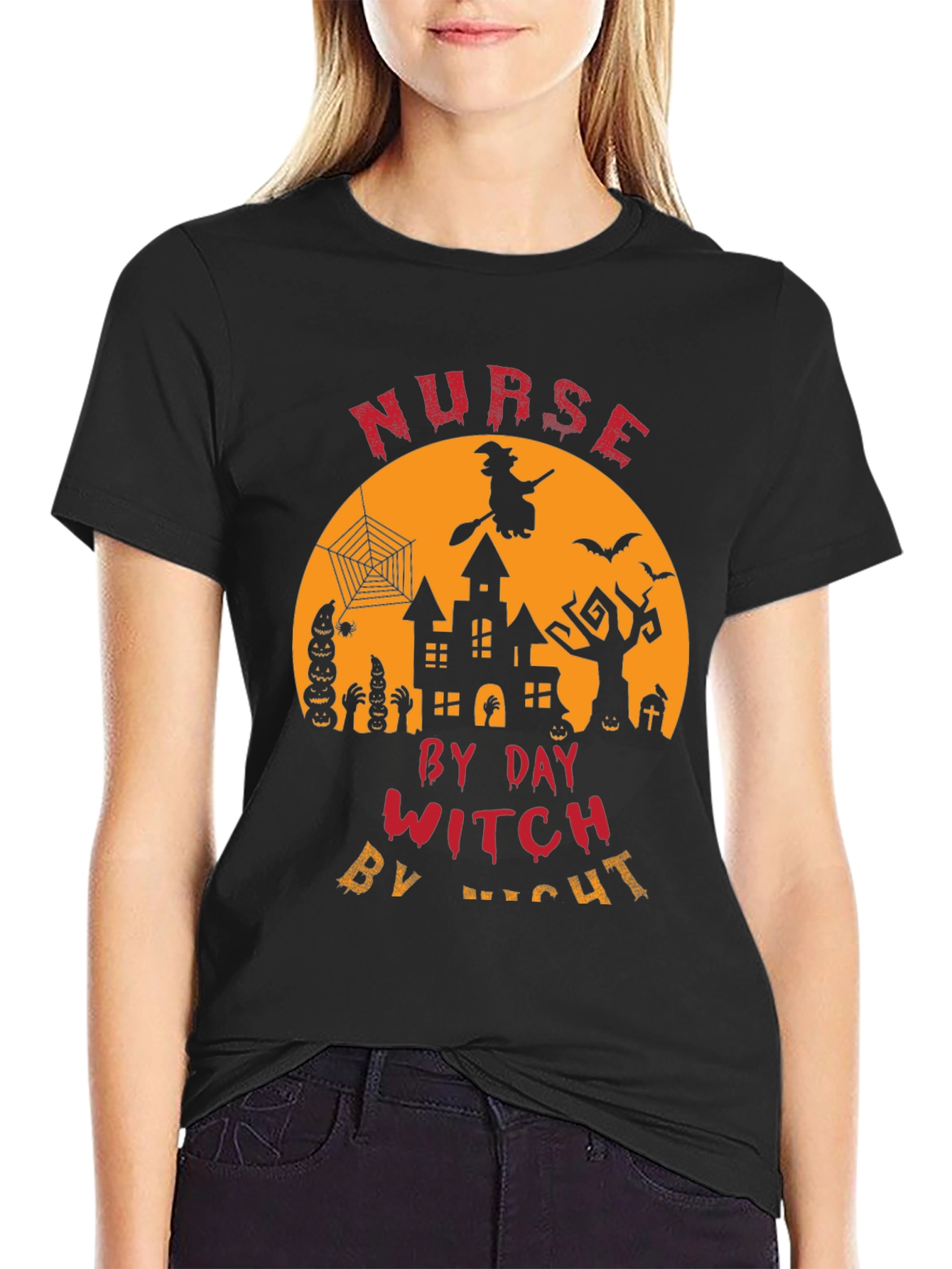Black Nurse Witch Halloween T-Shirt view 2