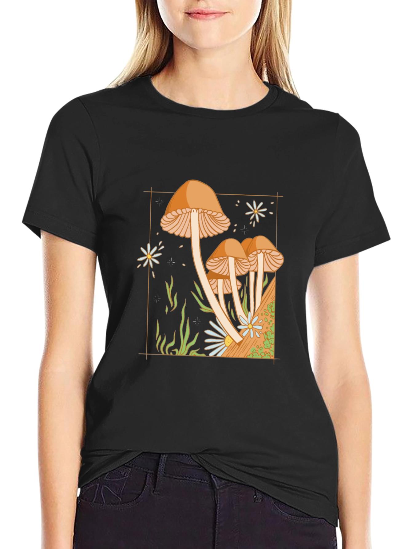 Black Mushroom Graphic Tee - Nature Inspired Black T-Shirt view 2
