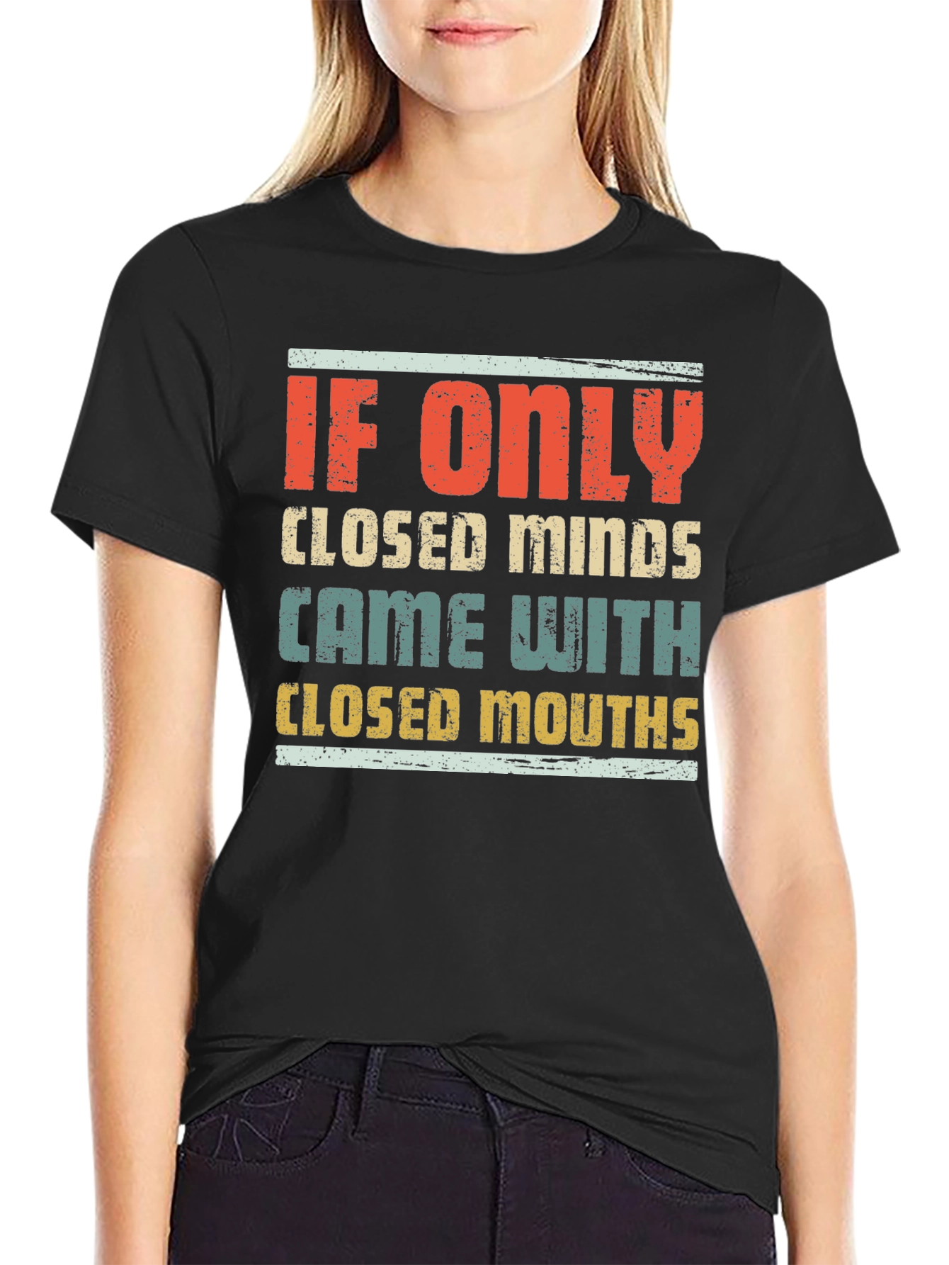 Black Humorous Graphic Tee - Closed Minds, Closed Mouths view 2