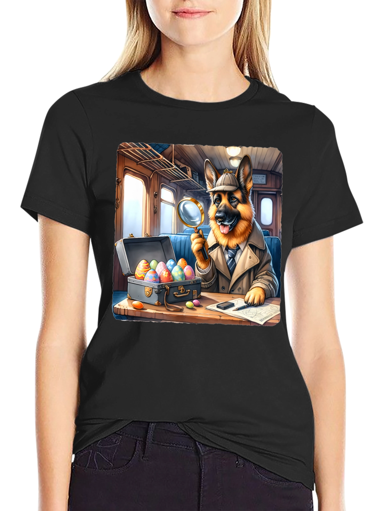 Black Detective Dog Easter Egg Hunt T-Shirt view 2