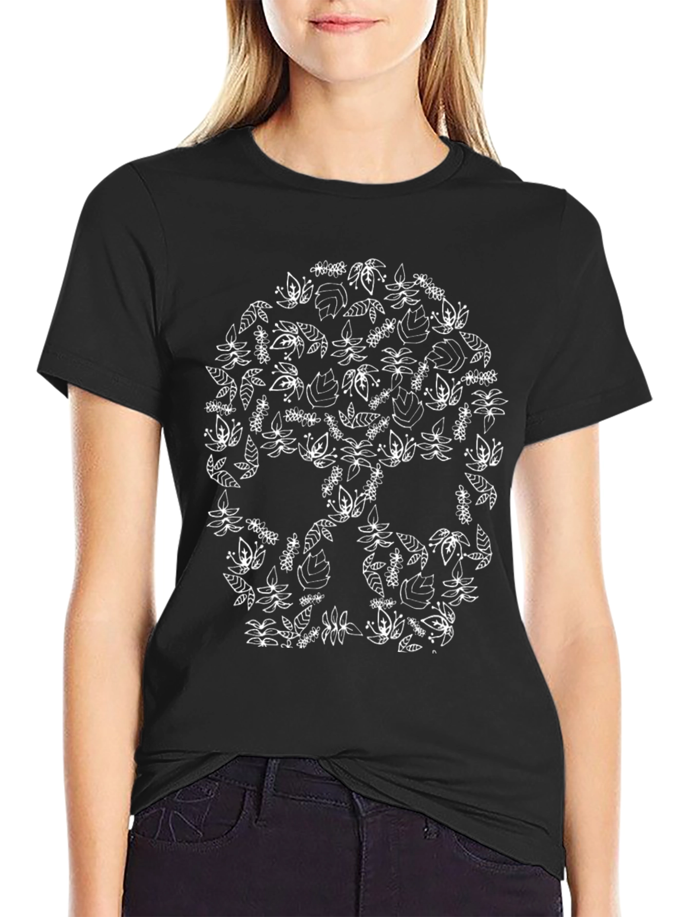 Black Floral Skull Graphic T-Shirt - Black Cotton Tee view 2