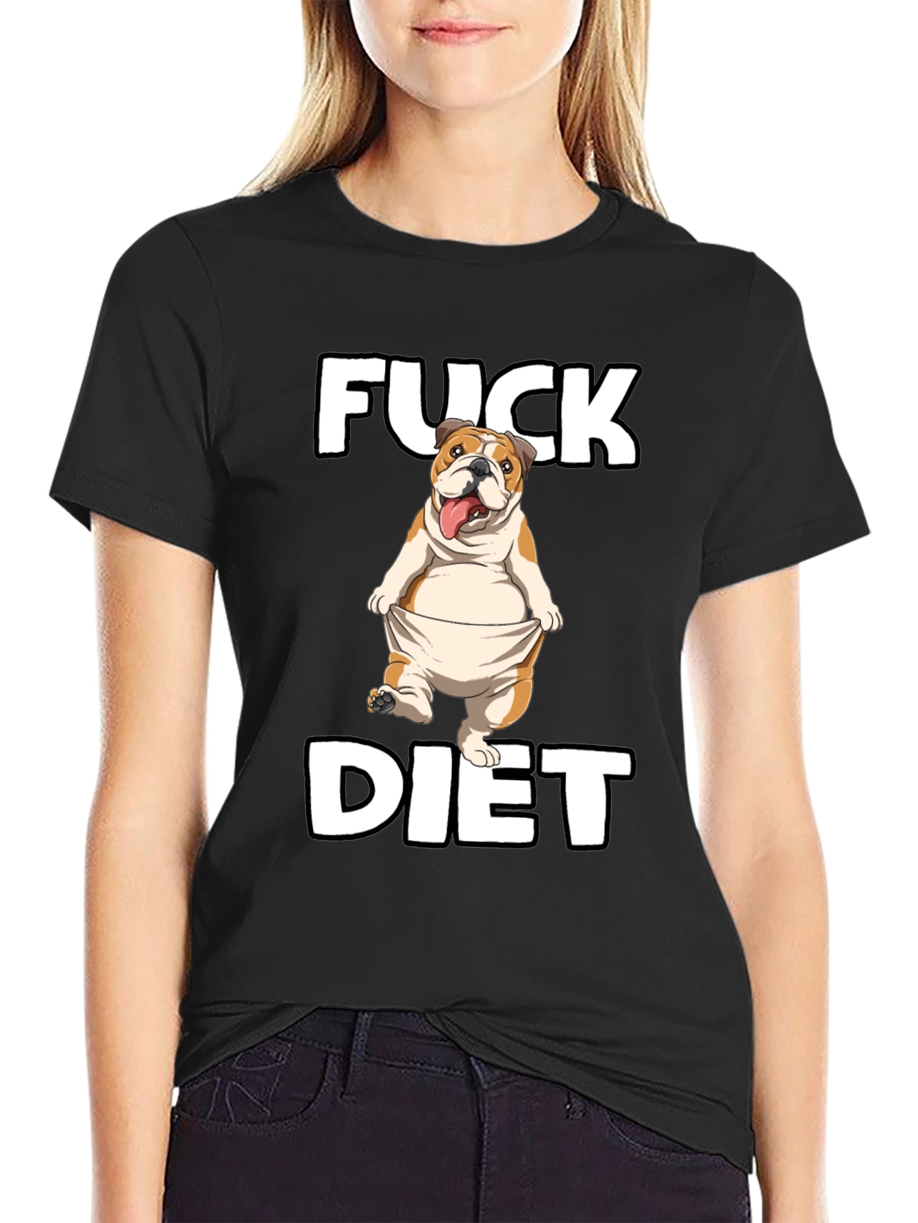 Black Funny 'Fuck Diet' Bulldog Graphic T-Shirt view 2