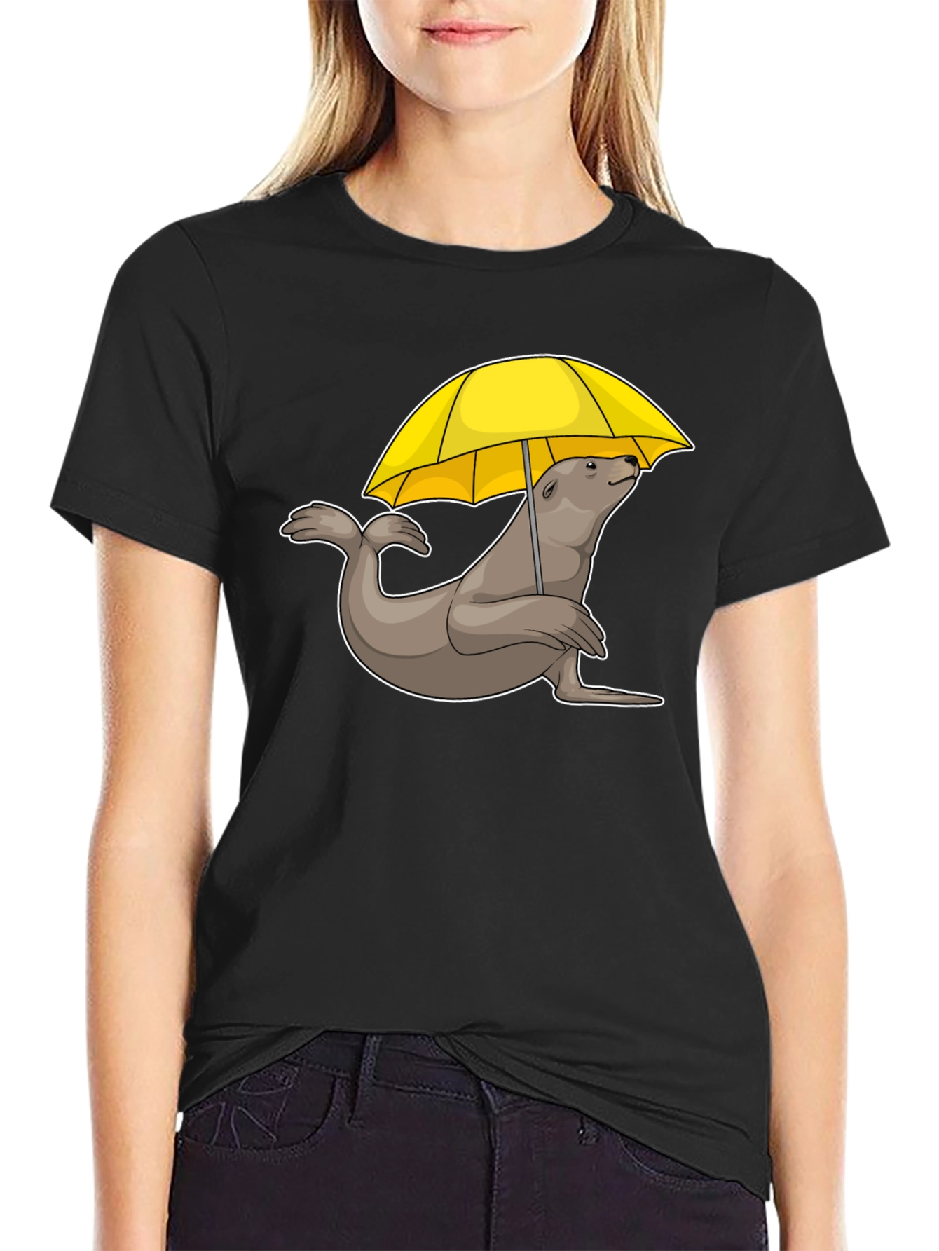 Black Seal with Umbrella T-Shirt - Black Cotton Tee view 2